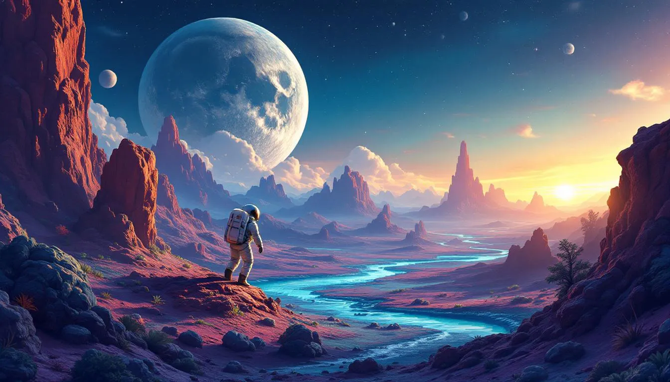 An astronaut exploring an alien planet with strange creatures and colorful landscapes.
