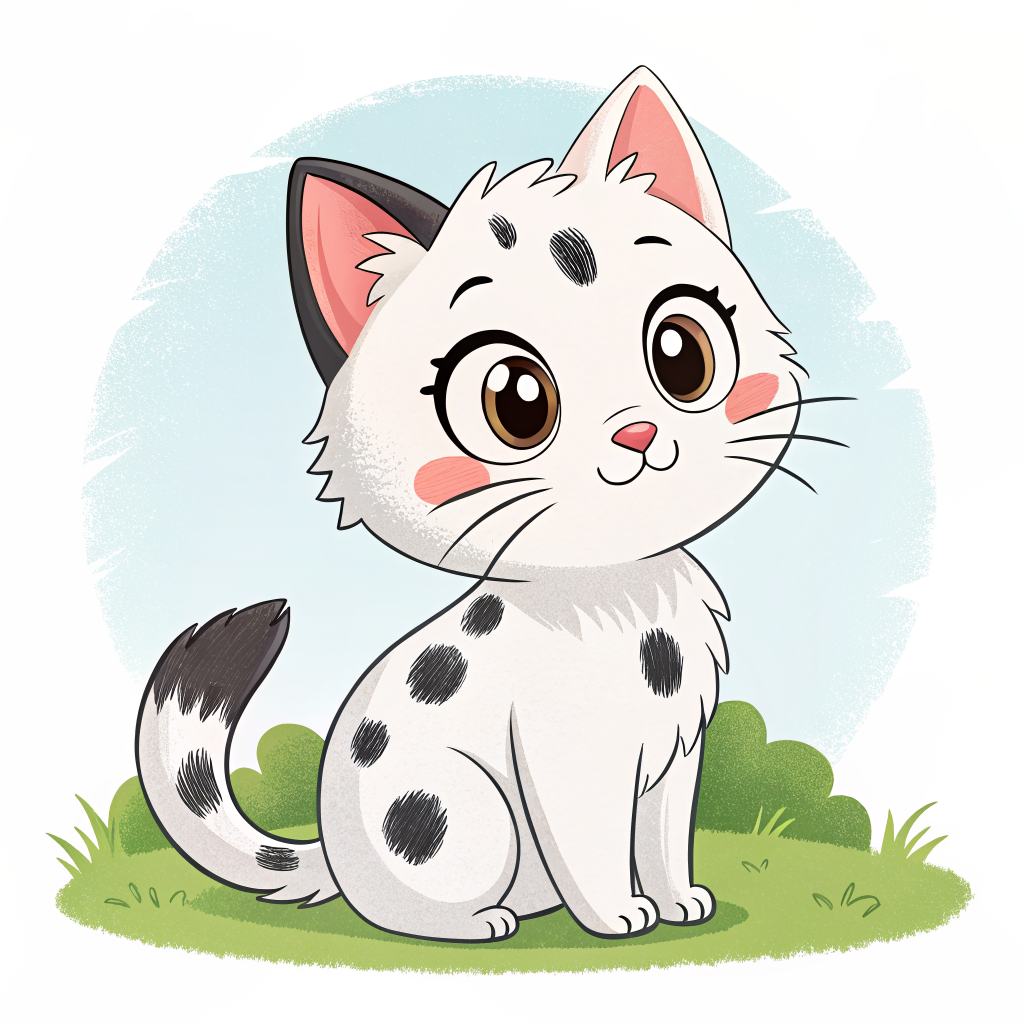 A cute cartoon-style German cat with white fur and black spots, expressive eyes, rounded shapes, clean bold outlines, soft pastel colors, playful and charming, simple background, high-quality illustration