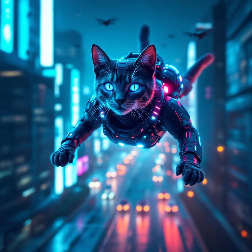 A dynamic, high-detail image of a flying sci-fi cat: a sleek cybernetic tabby cat with metallic fur plating and glowing blue bioluminescent markings, wearing a small anti-gravity jetpack and hovering above a neon-lit futuristic city at night. Dramatic rim lighting, slight motion blur to convey speed, reflective wet streets below, flying drones in background, cinematic color grading (teal and magenta), high contrast, ultra-detailed fur and tech components, vivid highlights, 3D-rendered, photorealistic but slightly stylized.