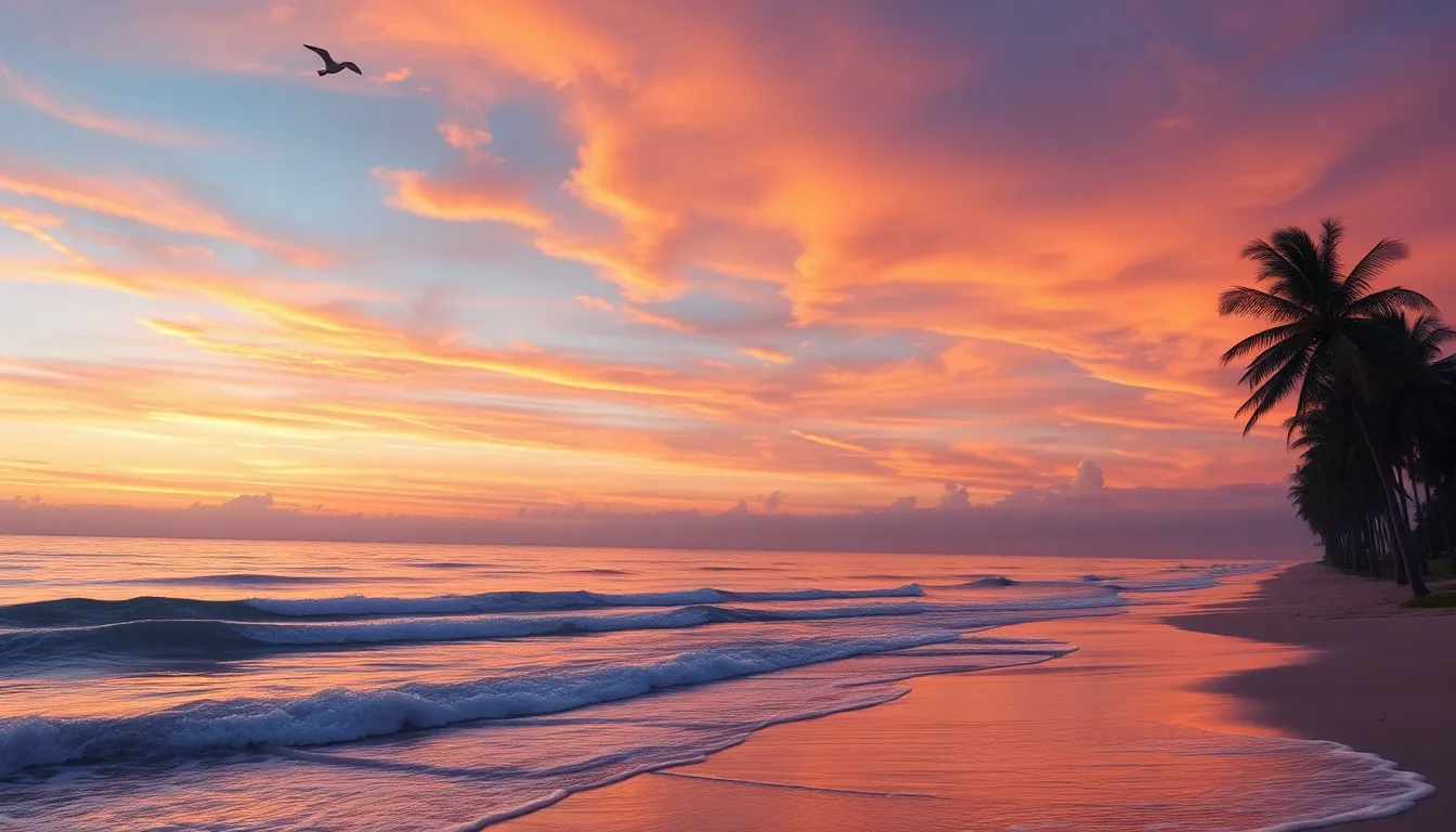 A realistic coastal view during sunset, with gentle waves lapping against the shore, palm trees in the foreground, and a colorful sky filled with hues of orange, pink, and purple. The water reflects the sunset colors and a few distant seagulls are flying in the sky.