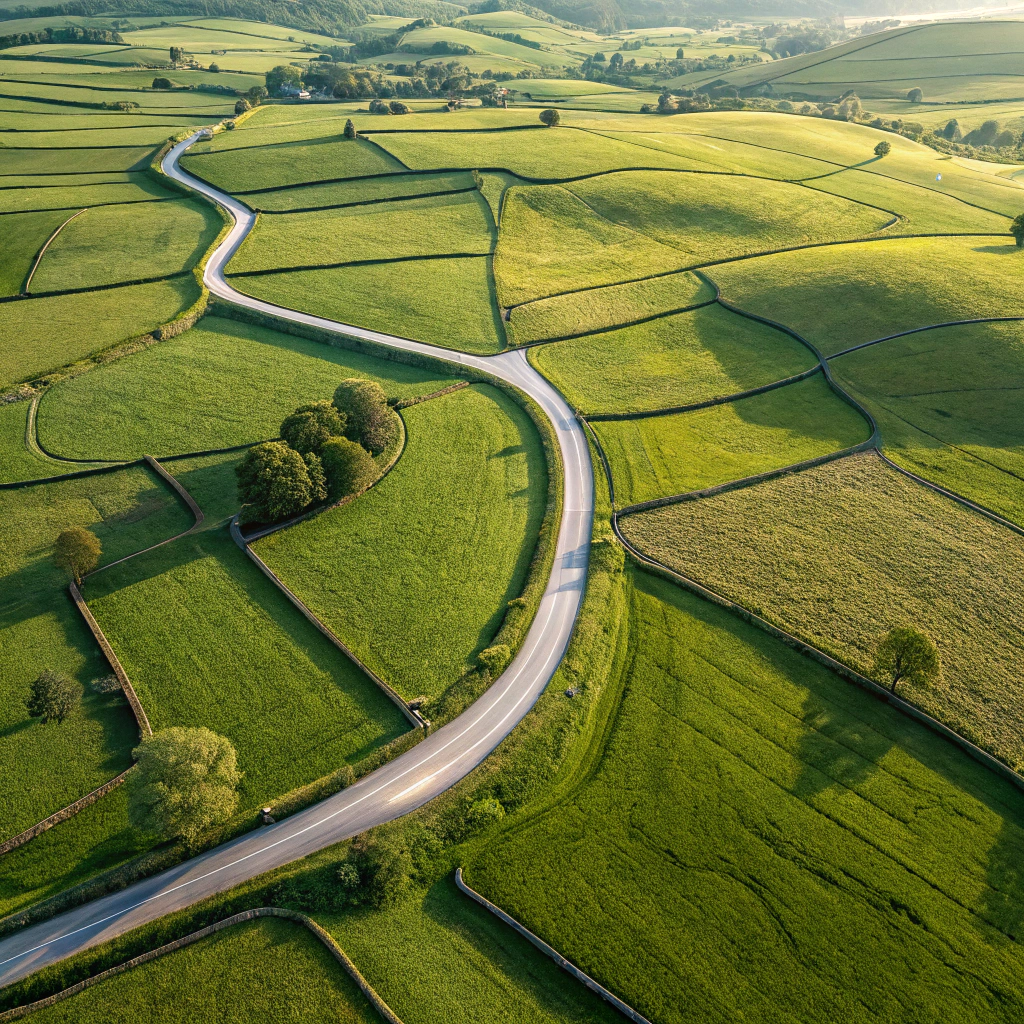 This is an aerial view of a rural landscape. A winding, light gray road cuts through a patchwork of vibrant green fields. The fields are irregularly shaped, creating a mosaic-like pattern. The road appears to be the dominant feature, curving gracefully through the landscape. The overall tone is natural and serene, with a focus on the geometric patterns created by the fields and the road. The lighting is soft, casting subtle shadows that enhance the texture of the fields. The image evokes a sense of tranquility and the beauty of the countryside.