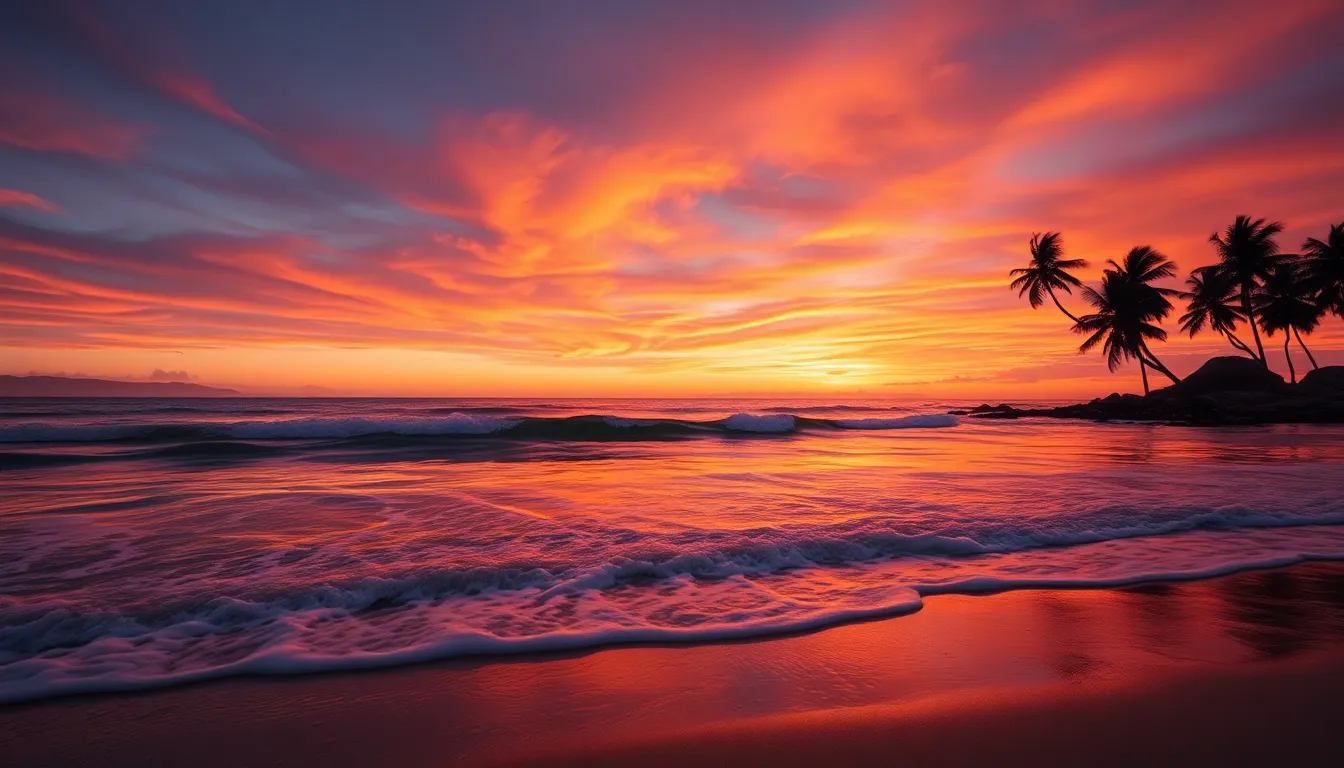 A stunning coastal scene during sunset, showcasing gentle waves on a sandy beach, vibrant orange and purple hues in the sky, with silhouette palm trees in the foreground. The water reflects the warm colors of the sunset, creating a serene and tranquil atmosphere.