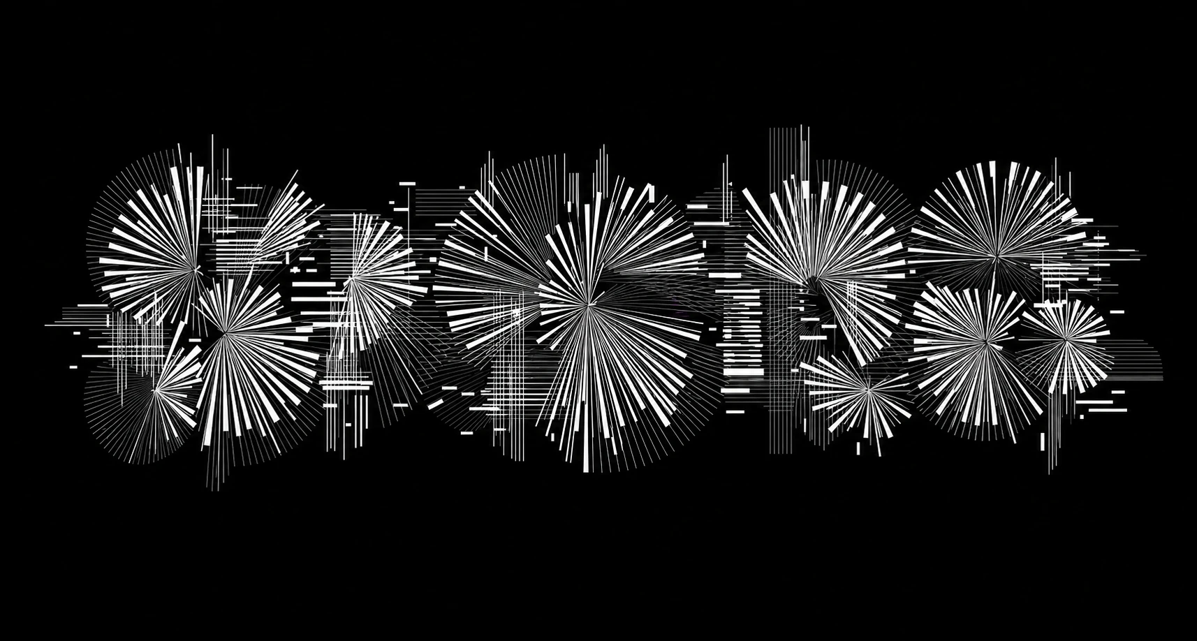 A monochrome generative artwork of radiating starburst forms made from thin white lines on a black field, arranged in a horizontal cluster.