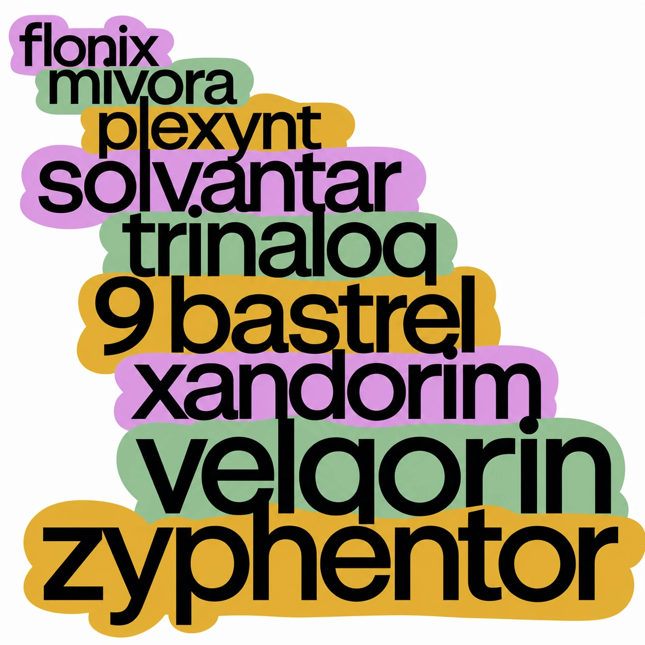 A bold typographic poster of stacked lowercase words in black, each backed by a rounded pastel highlight blob, growing larger toward the bottom.