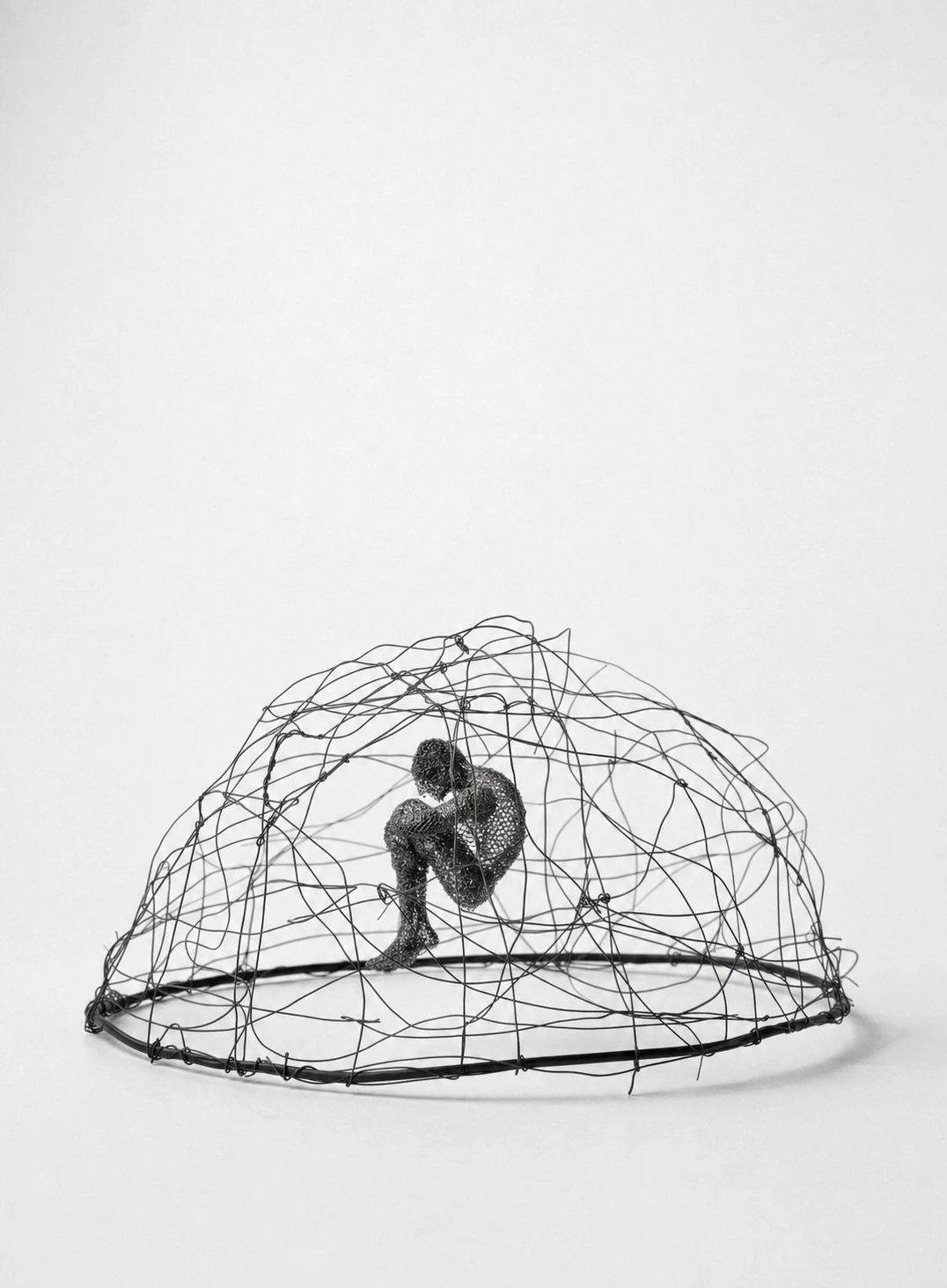A minimalist fine-art photograph of a small wire-mesh human figure crouched beneath a tangled dome of thin wire, isolated on a pale empty backdrop.