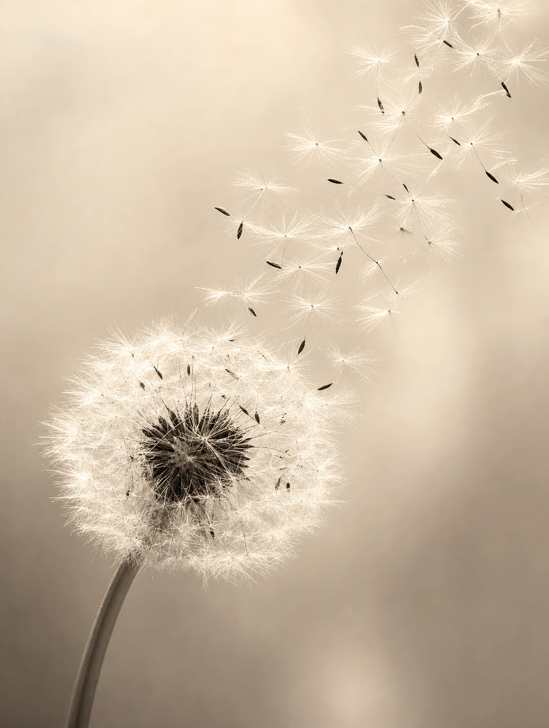 A backlit dandelion seed head releasing its feathery seeds into the air, captured in warm sepia tones.