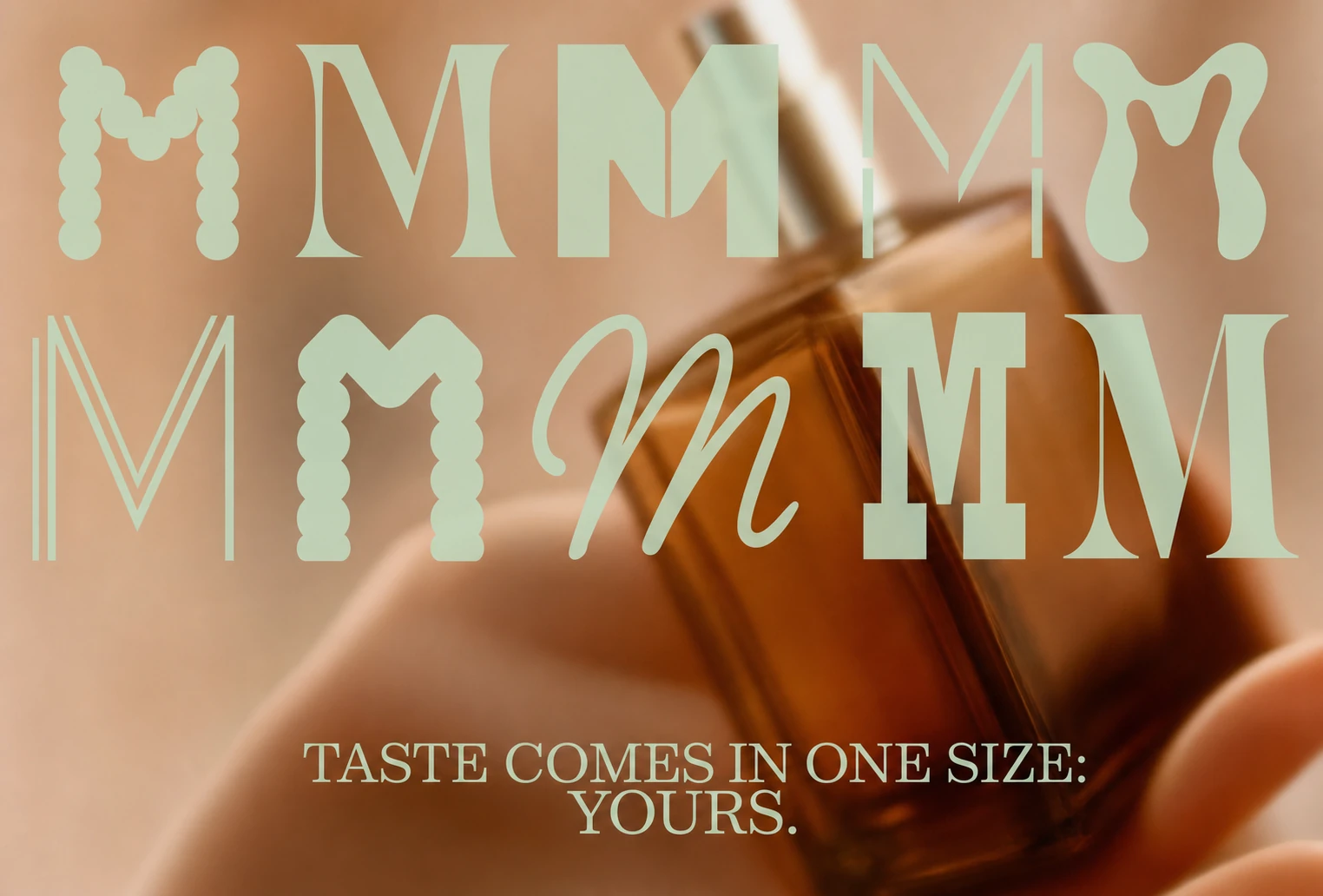 A luxury fragrance ad pairing a soft-focus amber perfume bottle held in hand with a grid of varied 'M' letterforms and an aspirational tagline.