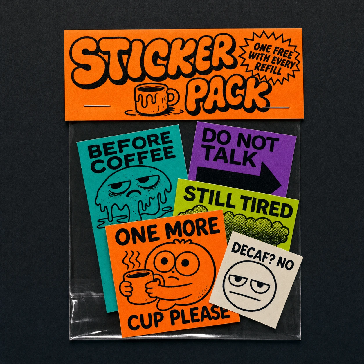 A retail sticker pack in a clear plastic bag with a bold orange header card, packed with brightly colored coffee-themed character stickers.