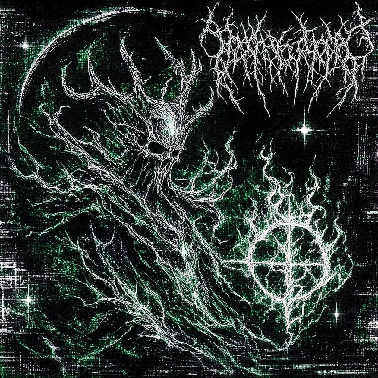 A black metal album cover featuring a horned skeletal demon figure rendered in thin chaotic white linework against a dark green textured void with an illegible 