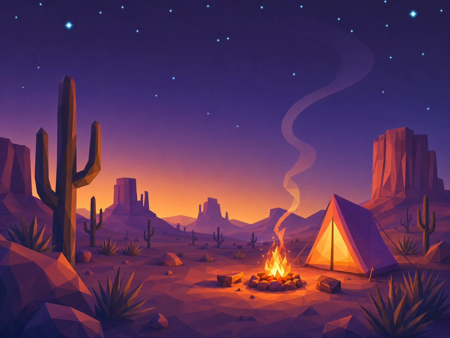 A low-poly desert night scene with a glowing campfire and lit tent beneath a starry twilight sky.