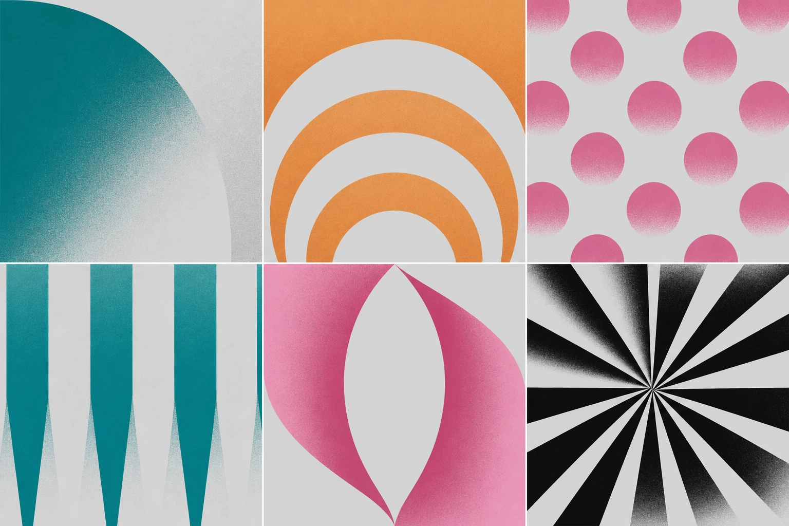 A six-panel grid of bold geometric abstractions, each tile featuring a single high-contrast shape motif with soft spray-gradient edges on a textured off-white g