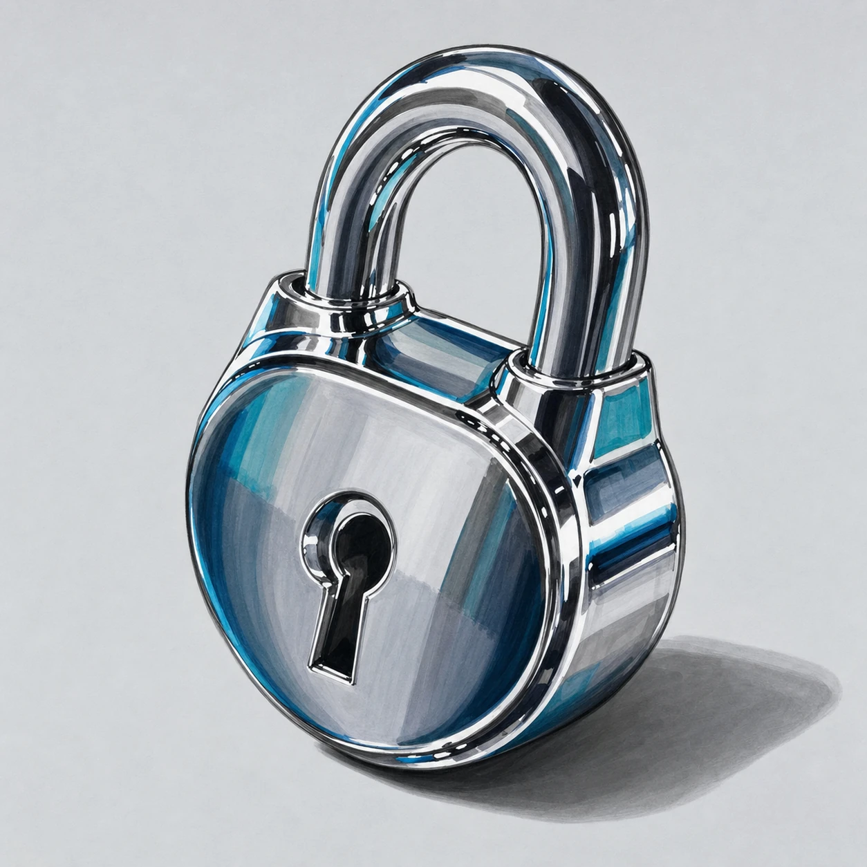 A glossy chrome padlock rendered as a realistic marker-and-ink illustration on a neutral background.