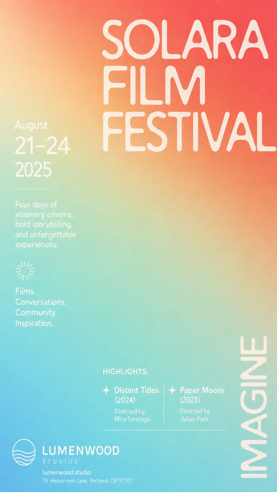 A vertical film festival poster with a soft sunrise-to-sea gradient and oversized rounded cream typography announcing the event name.