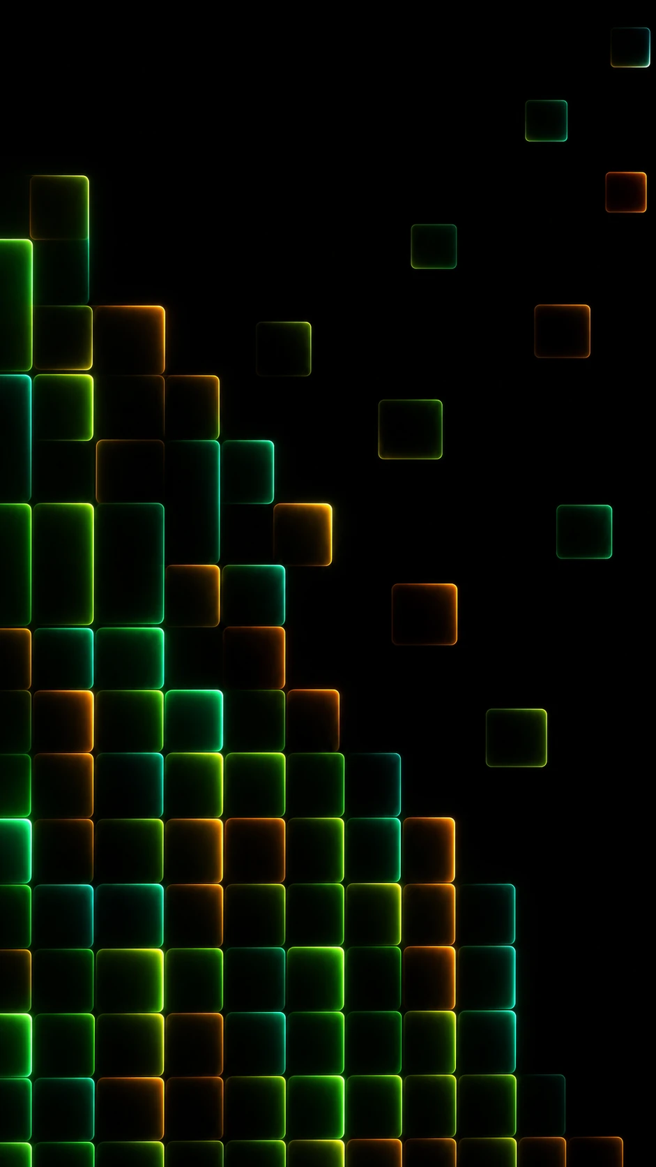 An abstract dark-mode wallpaper of glowing rounded squares forming a dense grid that dissolves into scattered floating tiles against black.