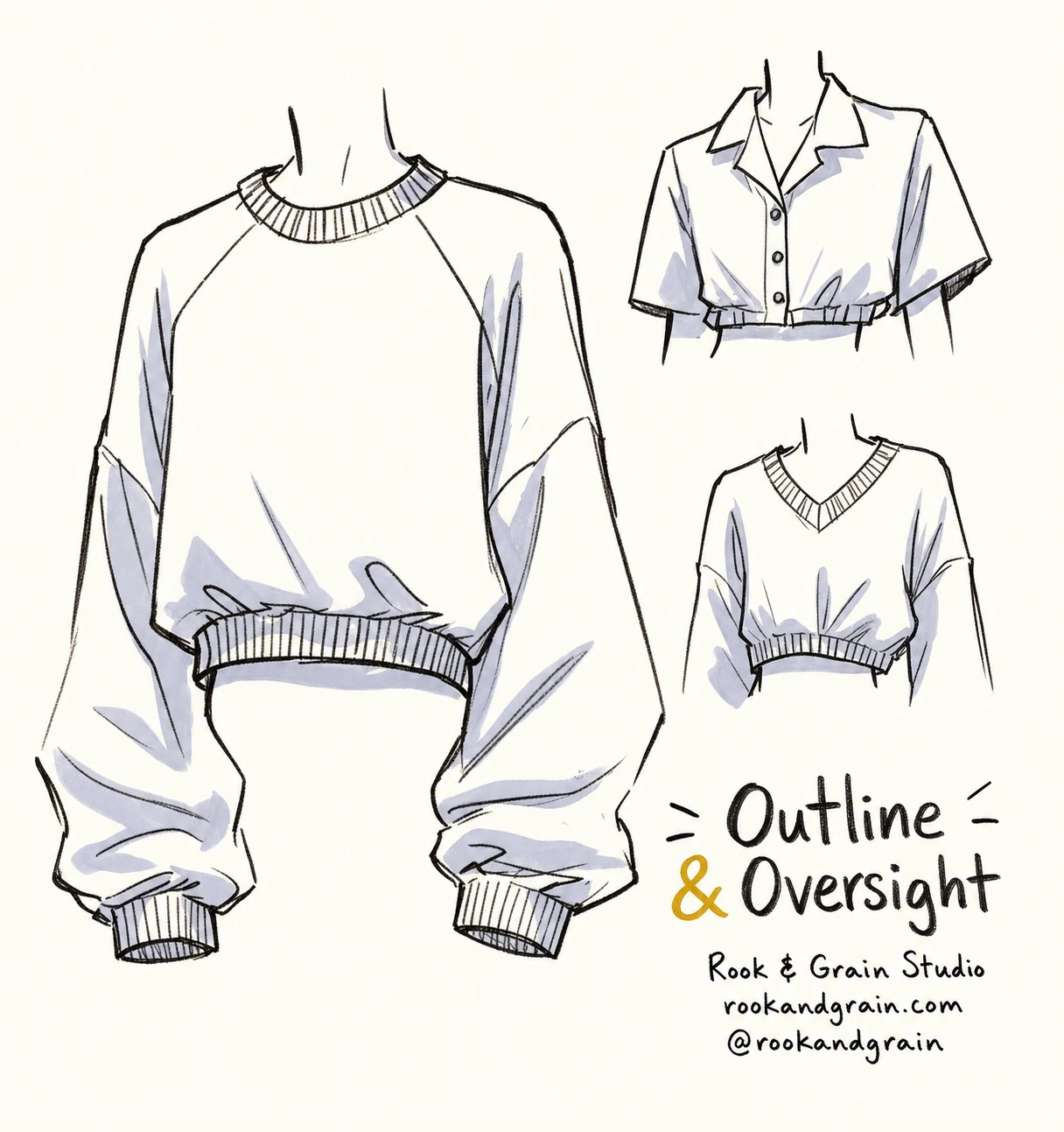 A hand-drawn fashion sketch sheet showing three oversized garment styles rendered in ink outline with soft grey shading.