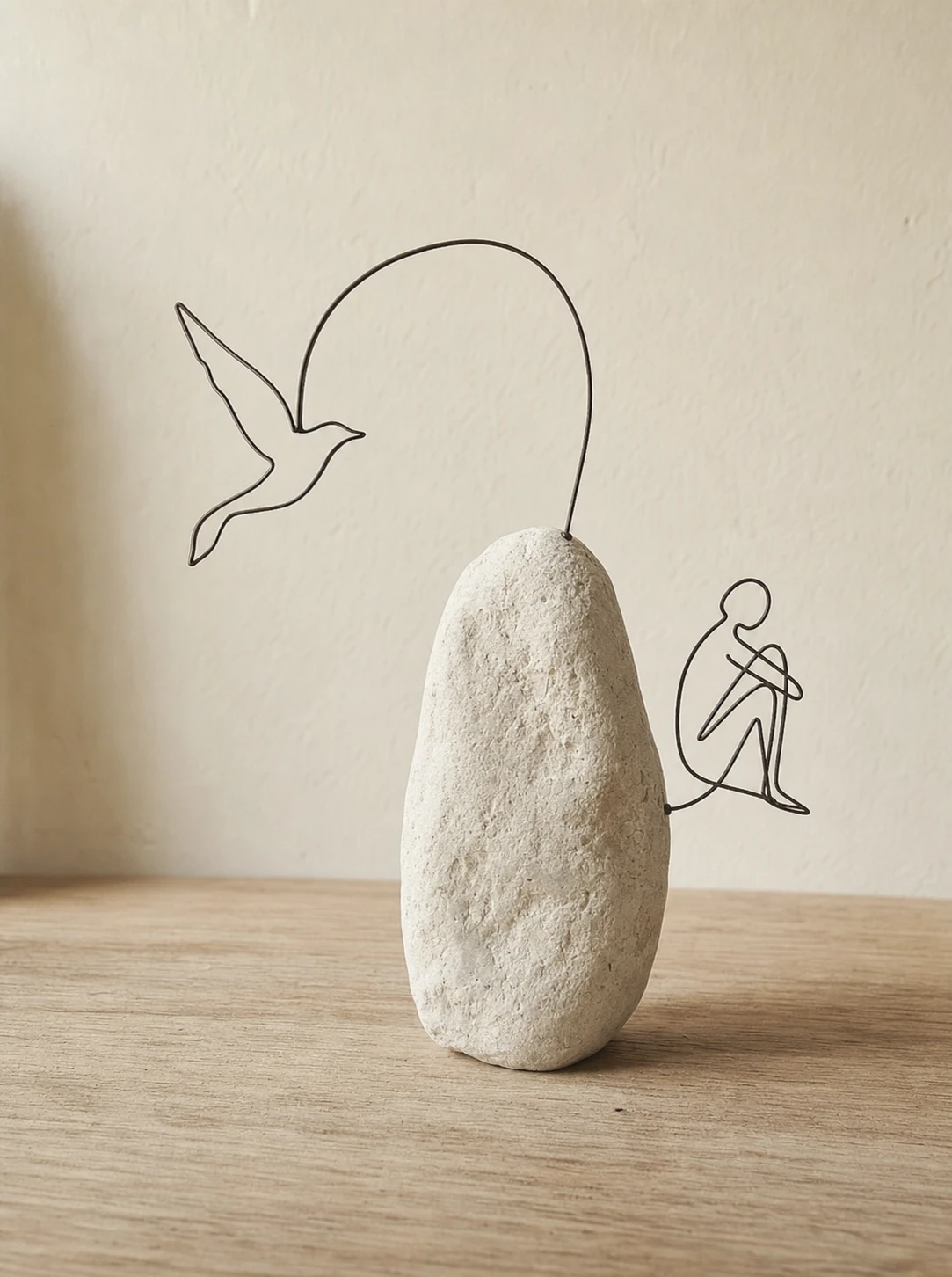 A minimalist wire-art sculpture anchored in a natural stone, depicting a single continuous-line bird and seated figure connected by a flowing arc.
