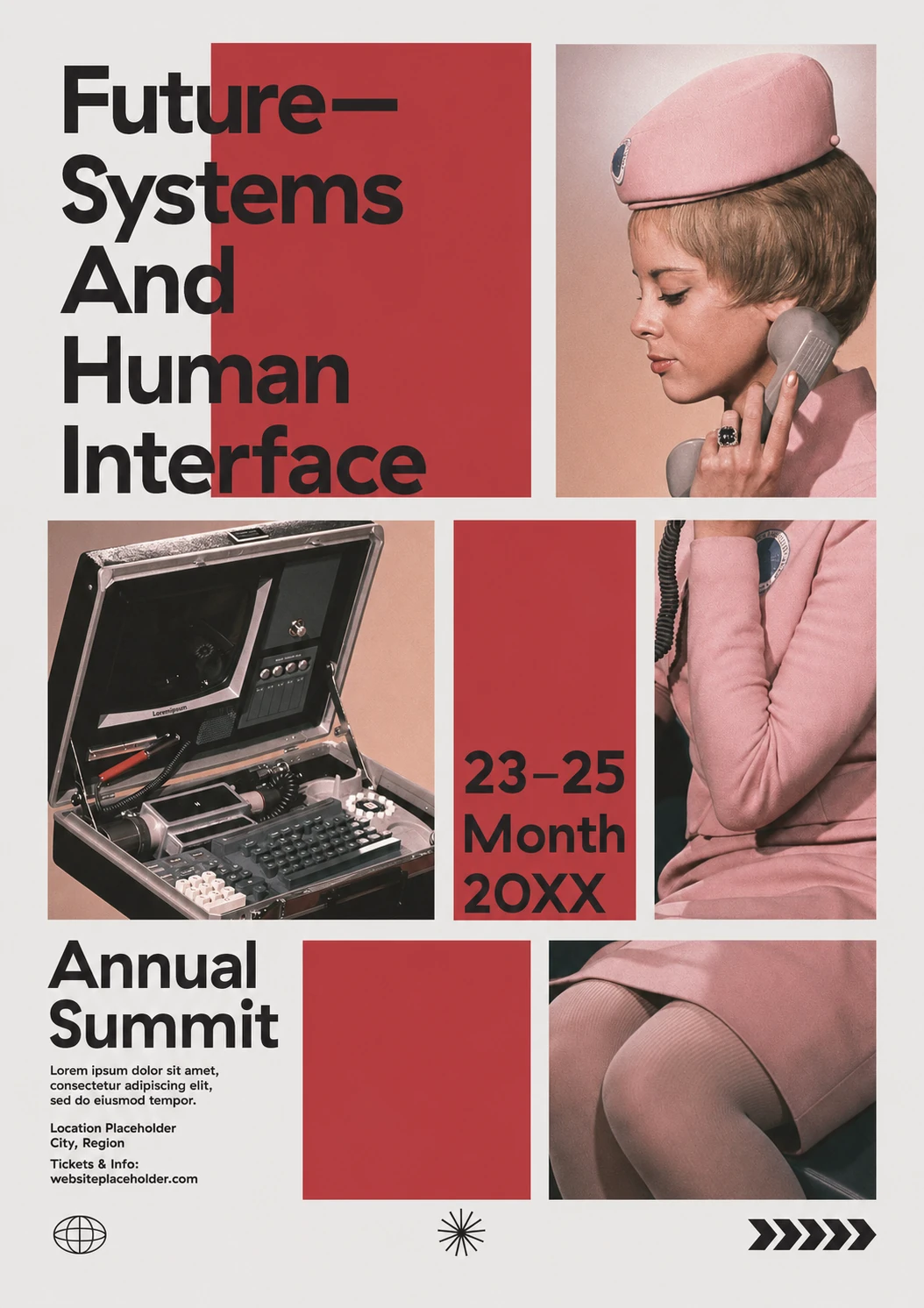 A retro-modernist event poster pairing vintage mid-century photography with bold Swiss-style typography and red color blocks.