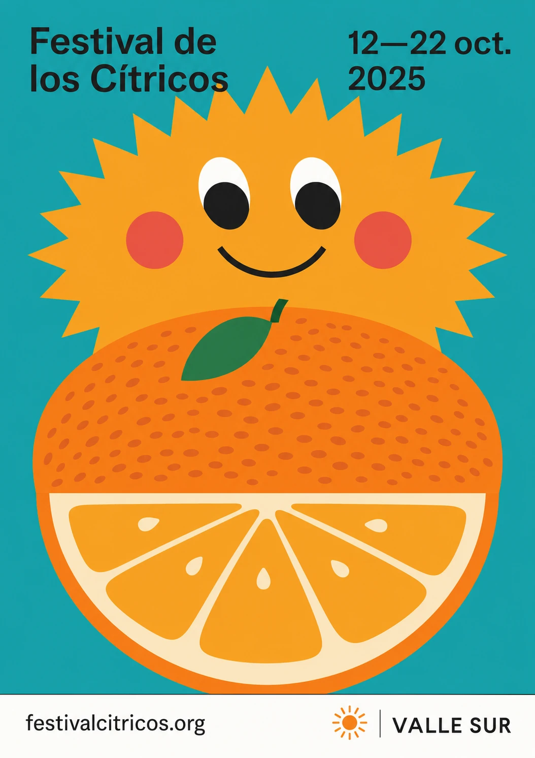 A cheerful festival poster featuring a smiling sun-faced citrus character above a giant orange with an exposed wedge cross-section.