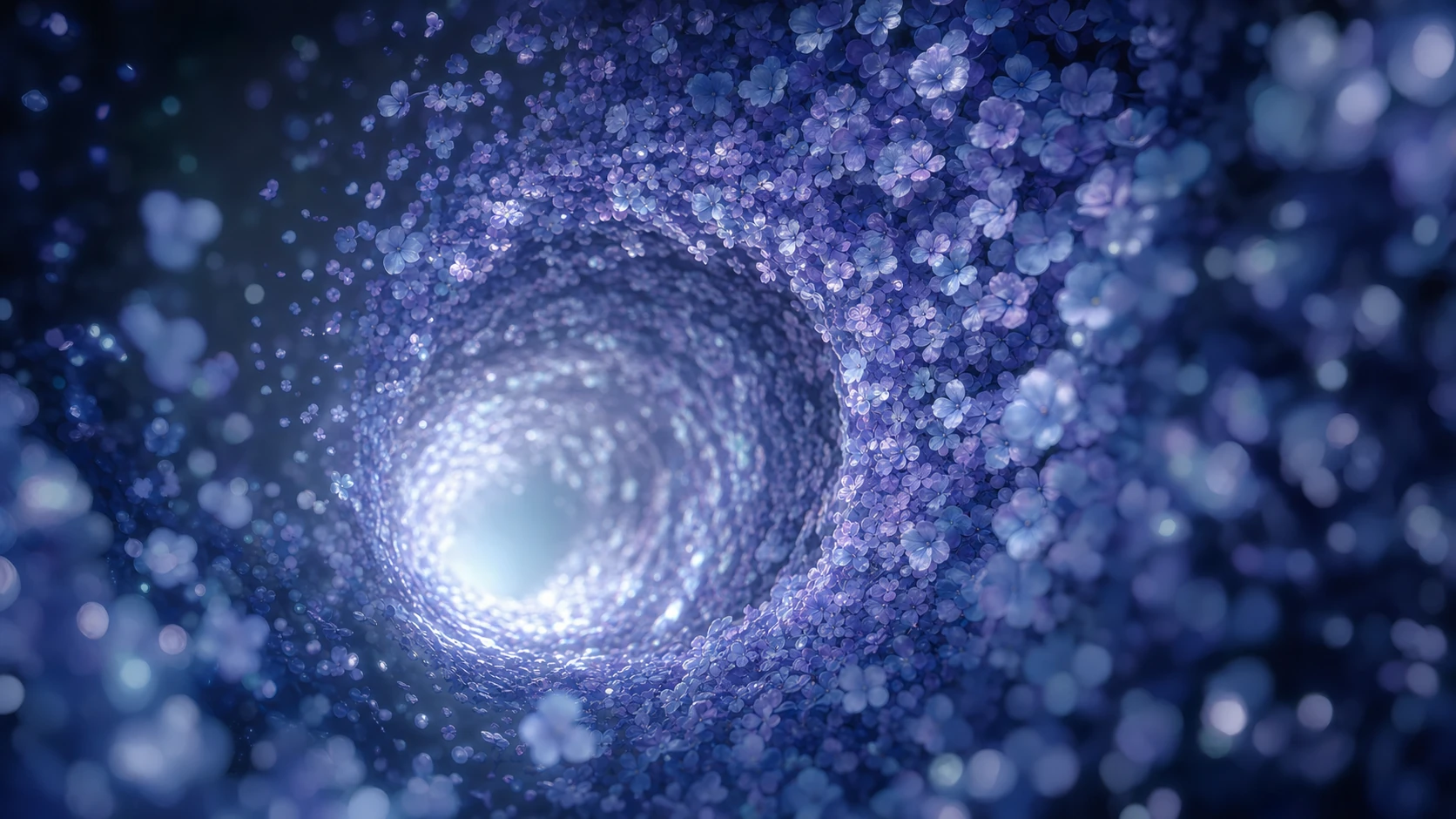 A swirling vortex tunnel composed of countless tiny blue and violet flowers spiraling toward a glowing light at its center.