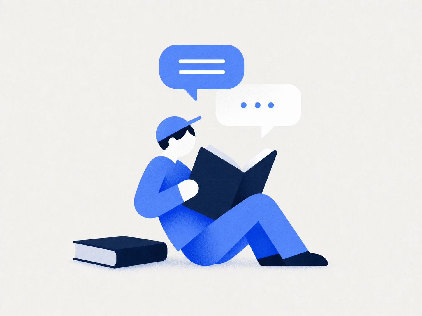 A flat vector illustration of a seated person reading a book with two chat speech bubbles floating above their head.