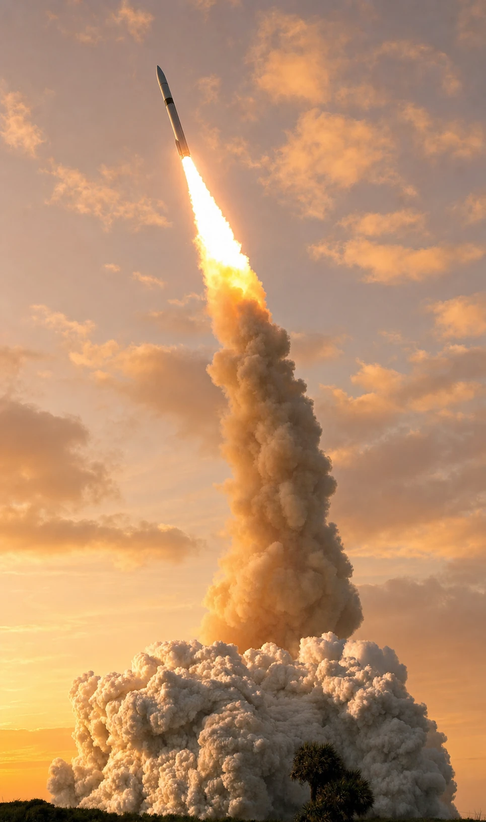 A rocket lifting off at golden hour, riding a brilliant exhaust flame above a towering column of billowing smoke.