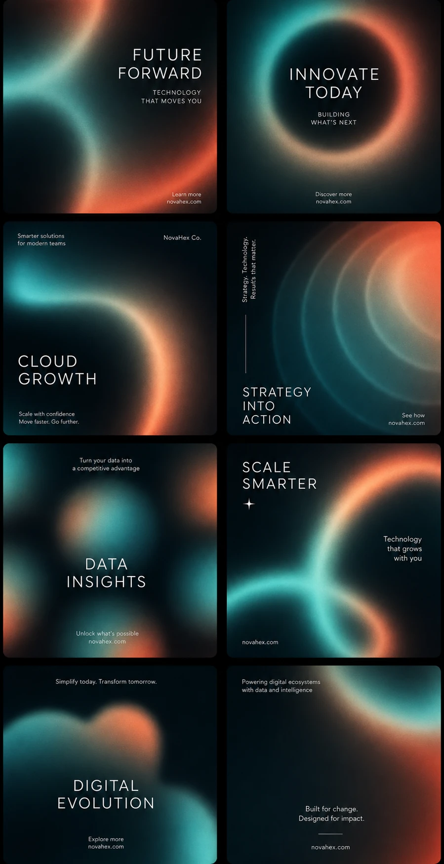 A set of dark, moody tech-brand social tiles featuring glowing teal-and-orange gradient blurs with minimal white sans-serif headlines.