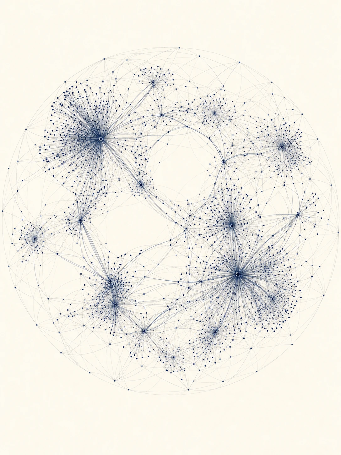 A circular network graph rendered as a delicate constellation of indigo nodes and fine connecting lines on a cream background.