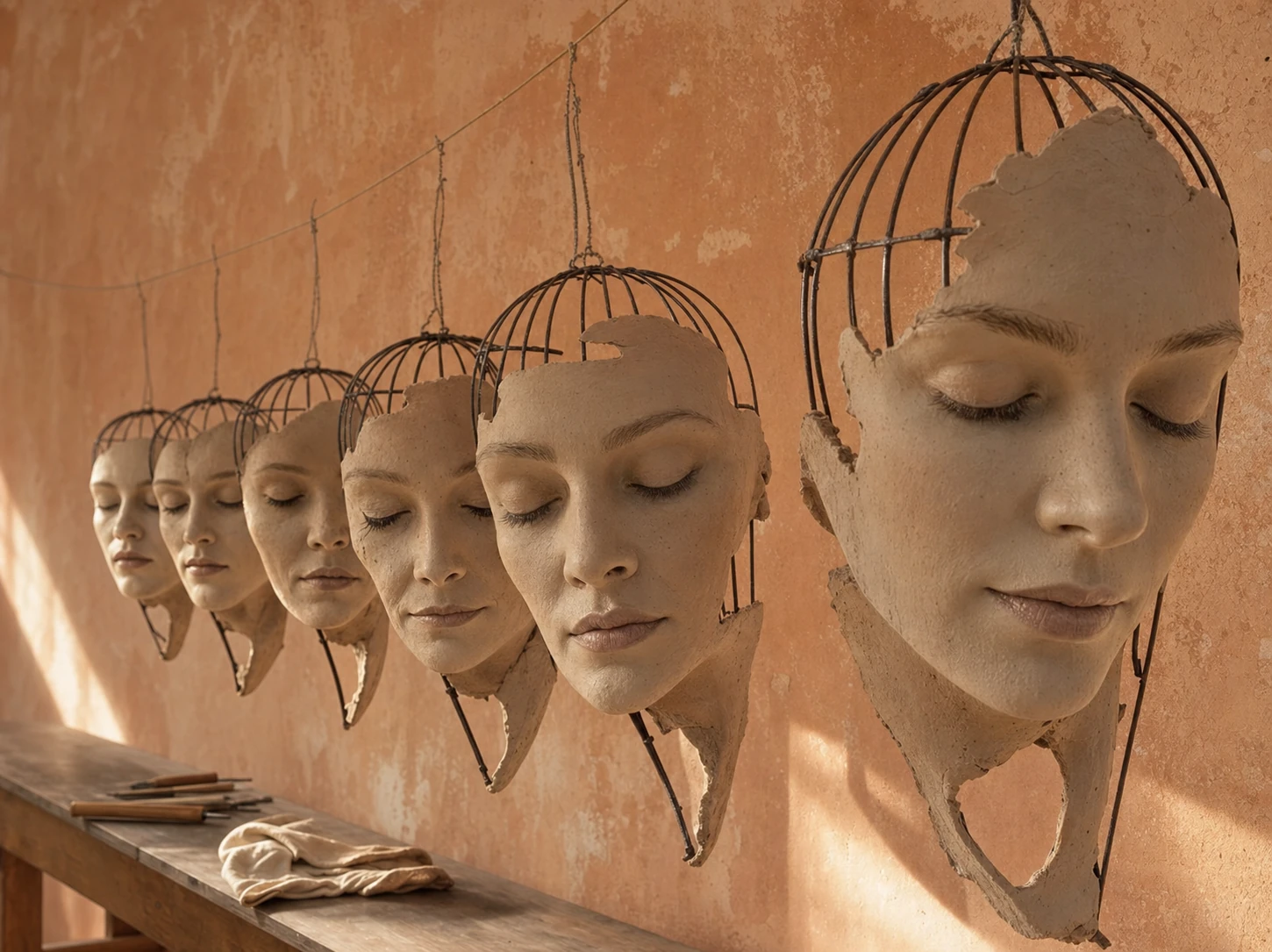 A row of fragmented ceramic face masks suspended in birdcage-like wire frames, hung along a warm terracotta wall above a rustic workbench.