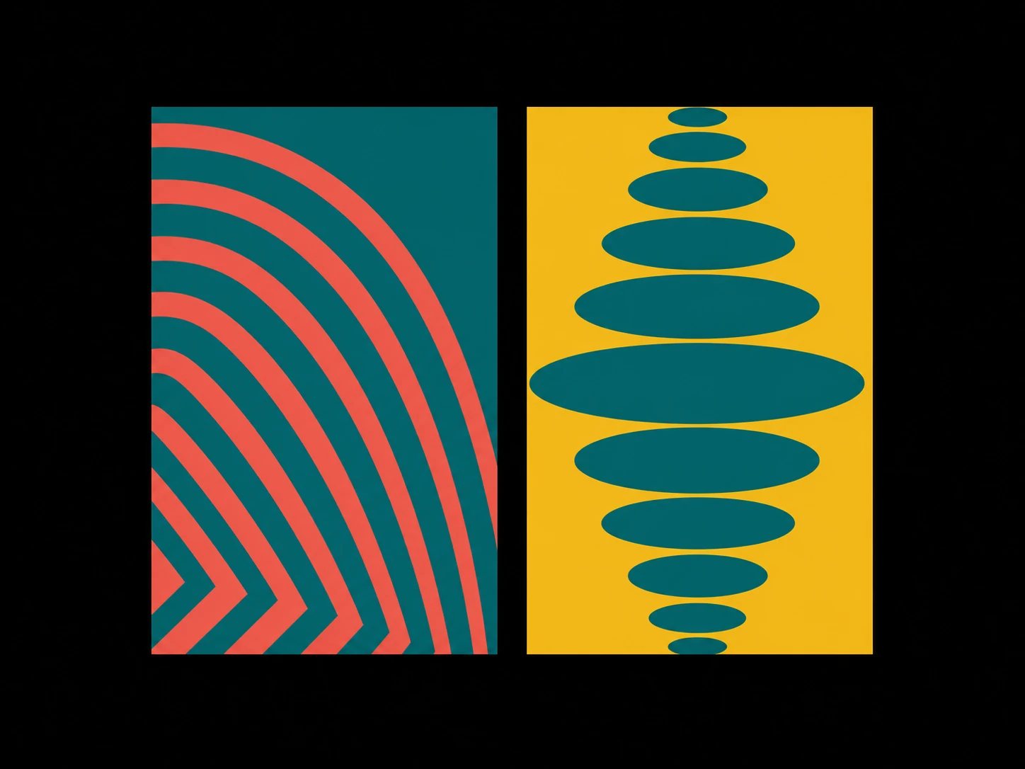 A diptych of two abstract geometric poster panels using concentric arcs and stacked ellipses in a bold retro palette.