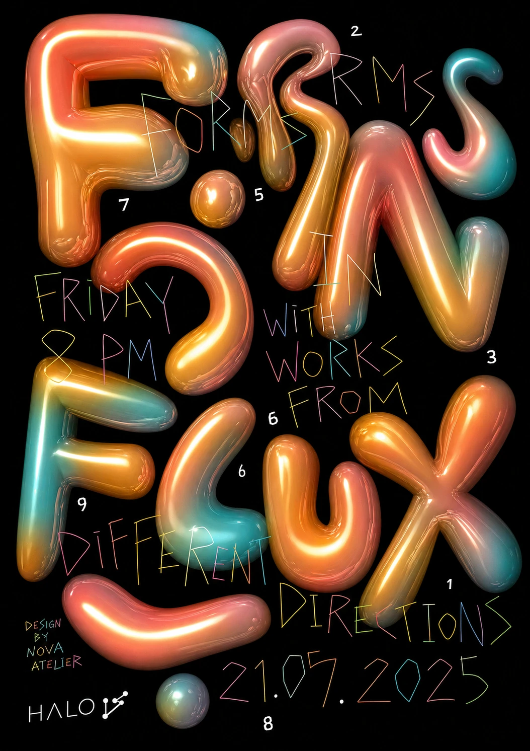 A bold typographic poster built from glossy, inflated 3D balloon letters spelling a title, layered over a black background with colorful hand-drawn annotations.