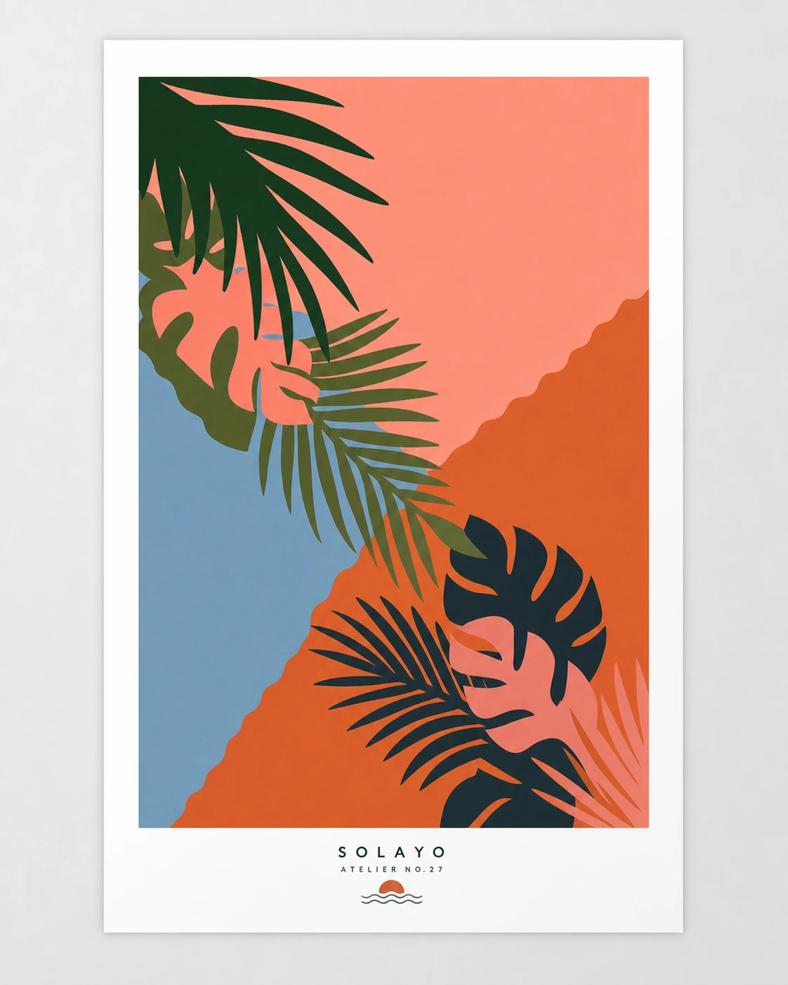 A flat-vector tropical art print featuring overlapping palm and monstera leaves against a geometric color-blocked background with a minimalist studio wordmark b
