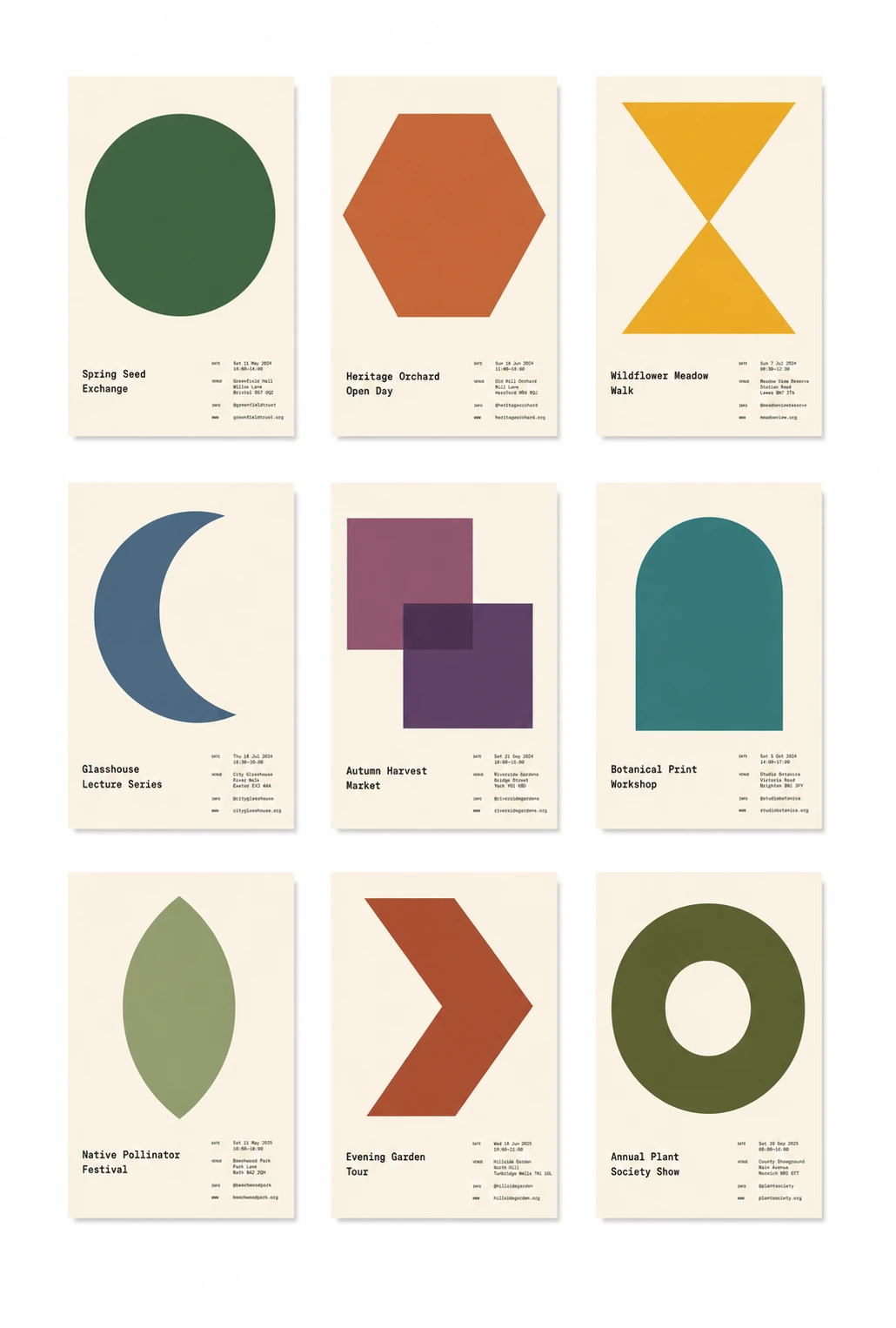 A grid of nine minimalist event posters, each featuring a single bold geometric shape above small left-aligned title and detail text.