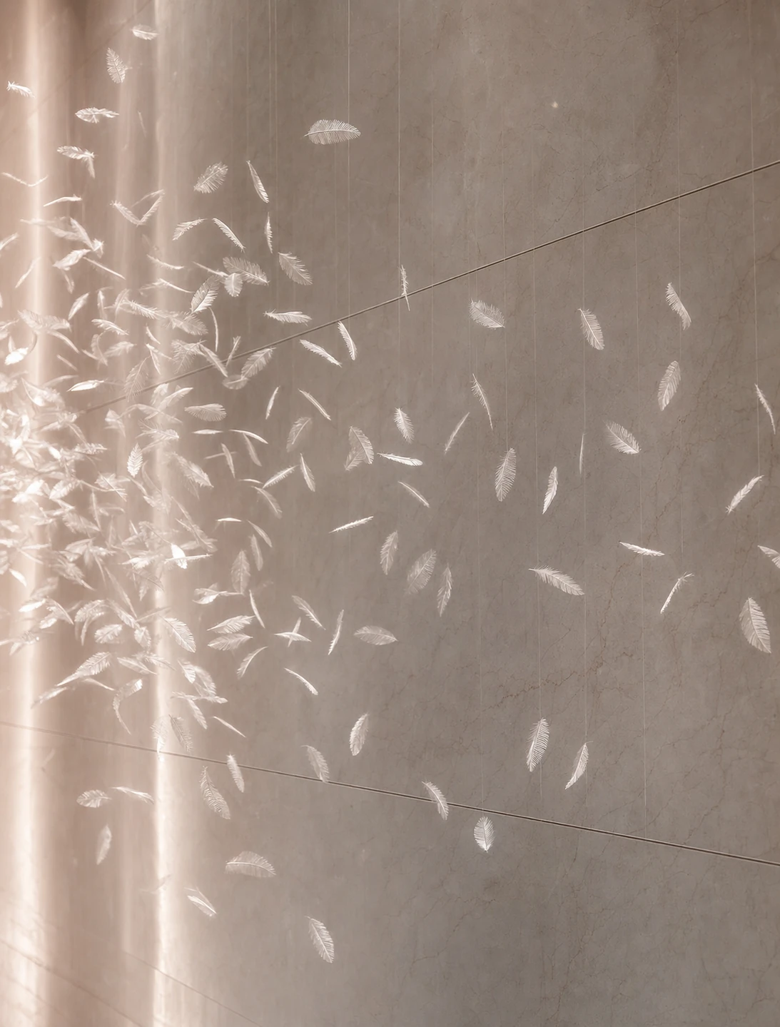 A delicate suspended installation of countless white feathers floating in front of a softly lit marble-clad wall.