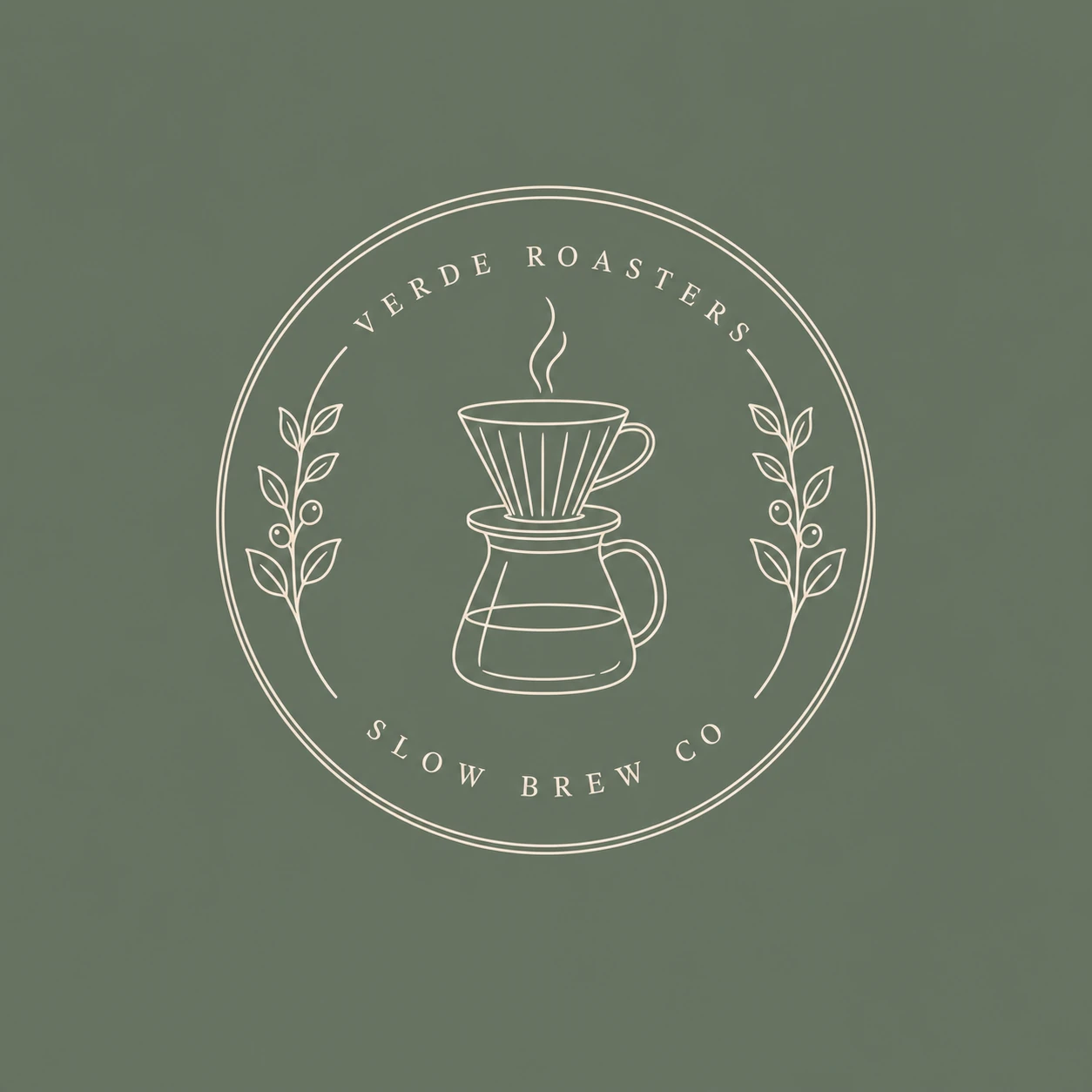 A minimalist circular line-art badge logo for a coffee roaster, featuring a pour-over brewer flanked by botanical sprigs on a muted green field.