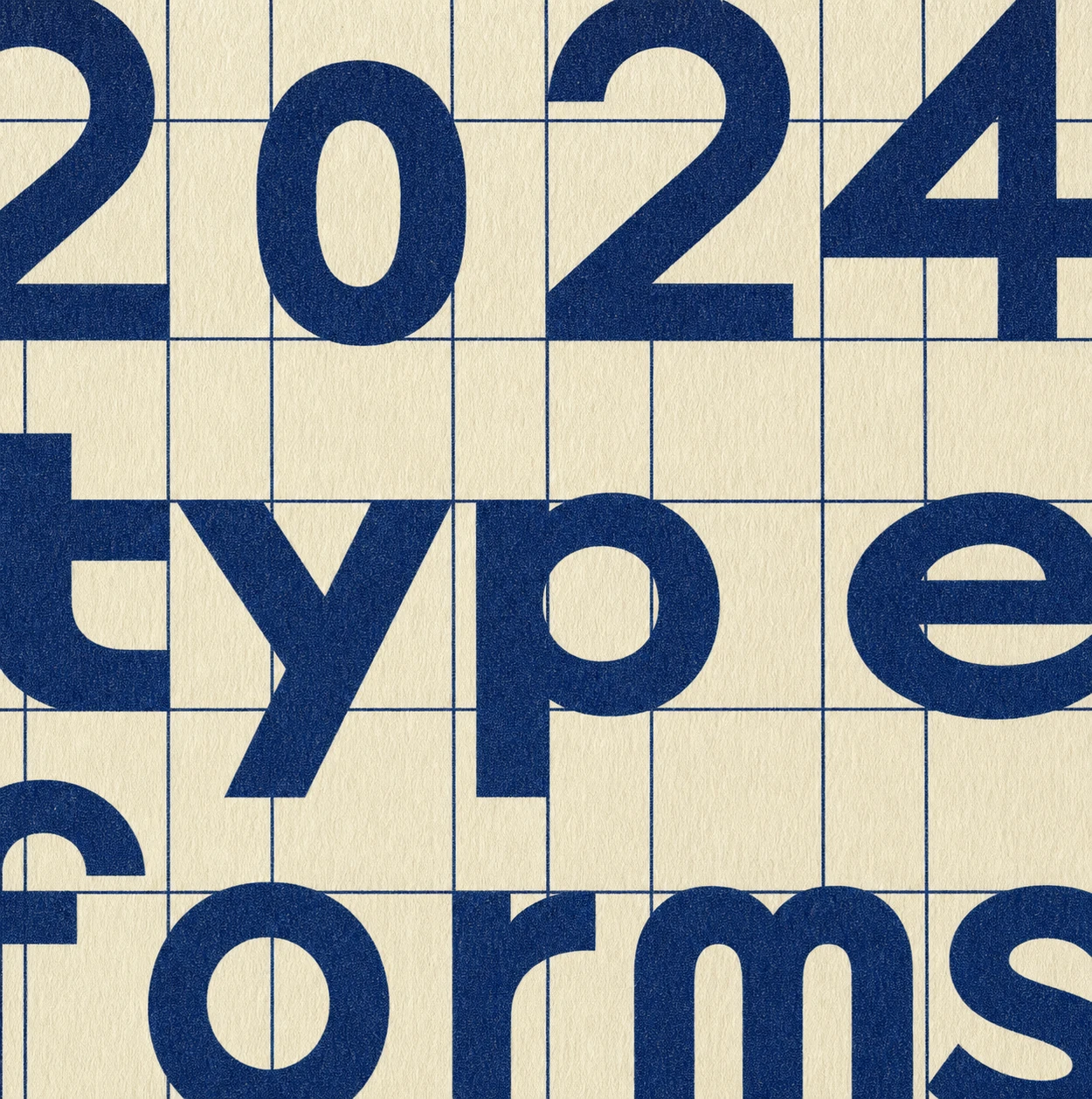 A bold typographic poster featuring oversized navy grotesque lettering cropped against a textured cream paper with a thin blue grid.