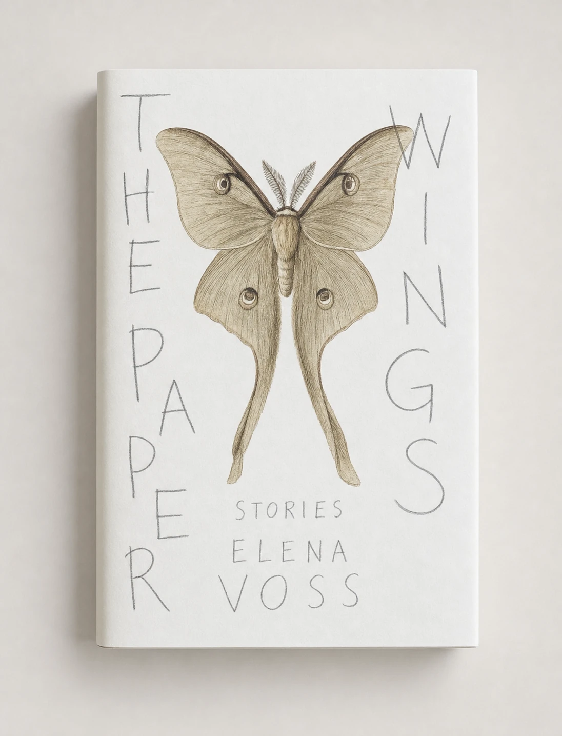 A minimalist literary book cover featuring a delicately drawn moth centered on cream paper with hand-lettered vertical title text framing each side.
