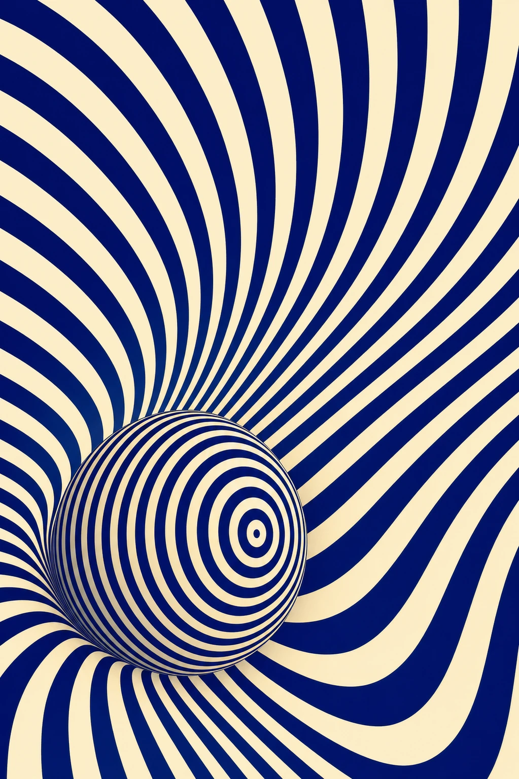 A high-contrast op-art composition of swirling two-tone stripes with a striped 3D sphere creating a hypnotic optical illusion.