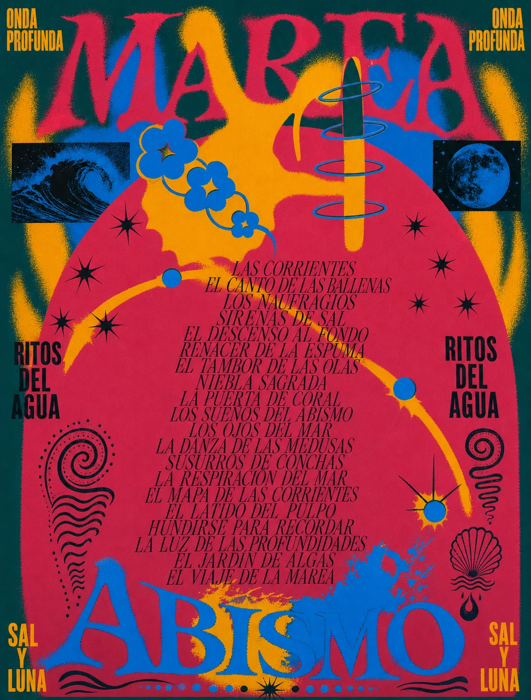 A psychedelic spray-paint music/event poster with bold display lettering, an ocean-mystic theme, and a centered tracklist of poetic Spanish titles.