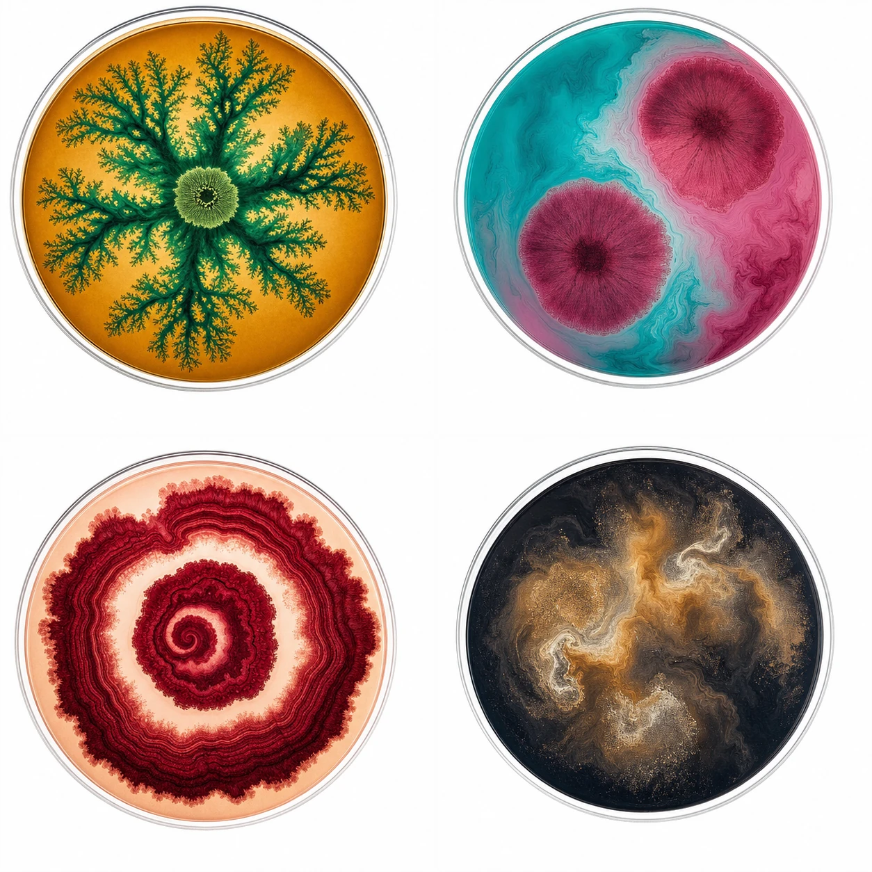 A four-panel grid of stylized circular Petri dishes, each containing a distinct, vividly colored microbial-growth pattern.