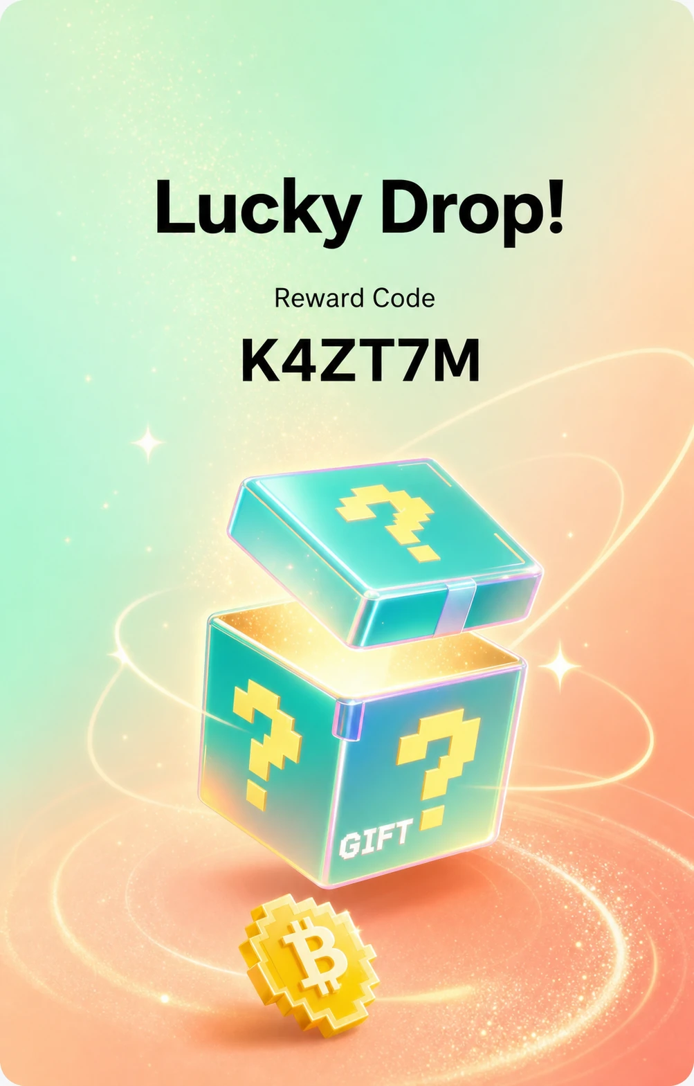 A celebratory mobile reward card featuring a glowing 3D mystery gift box with a redemption code headline.