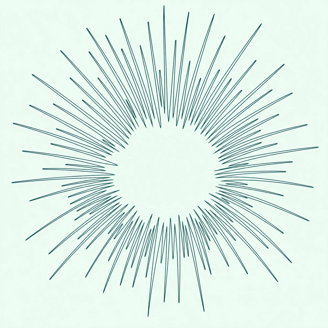 A hand-drawn radiating sunburst of fine teal lines emanating from an empty central circle on a pale mint background.