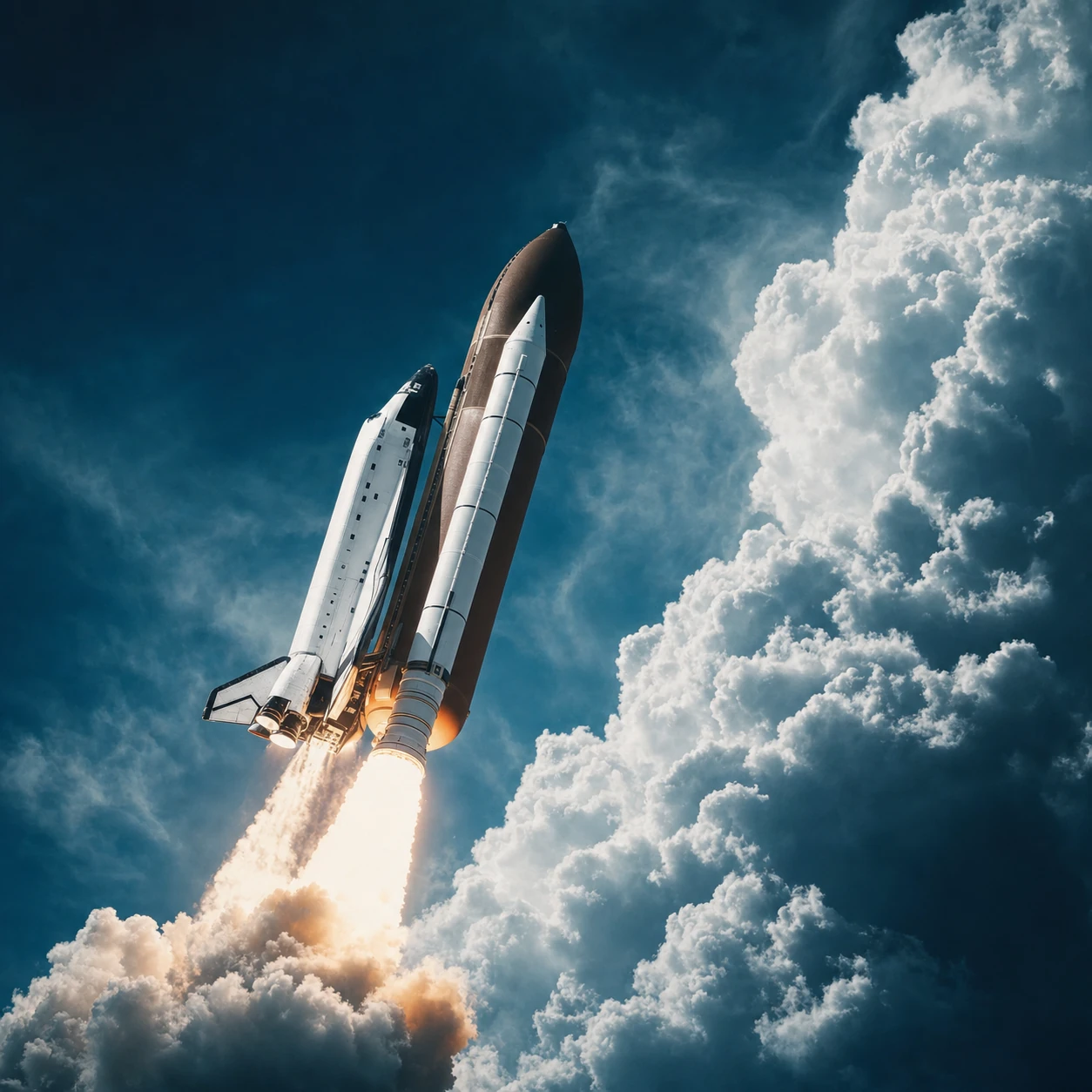 A dramatic low-angle photograph of a space shuttle launching skyward against a deep blue sky and towering white clouds.