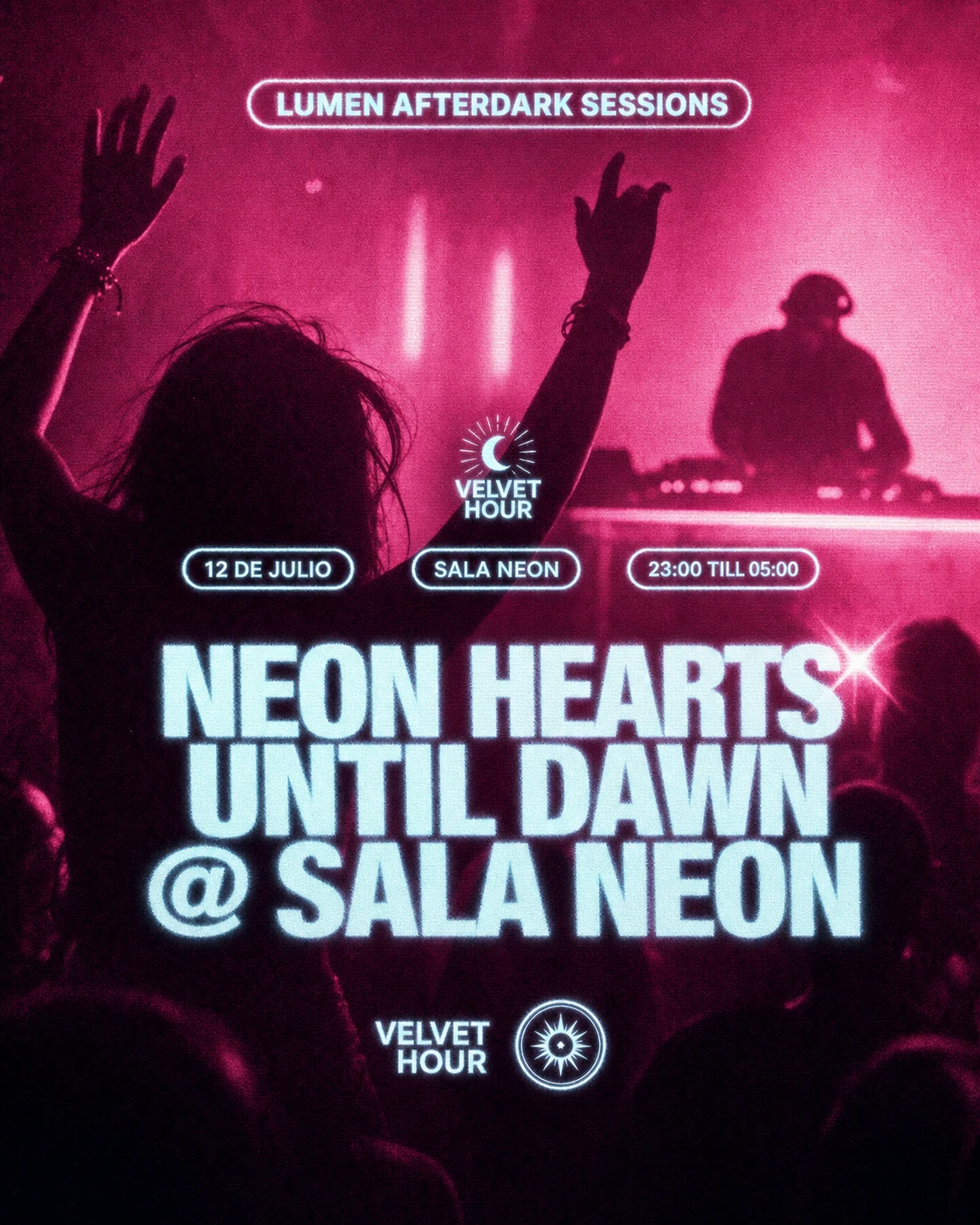A nightlife event poster featuring a silhouetted crowd and DJ bathed in hot pink light with glowing neon-style headline text.