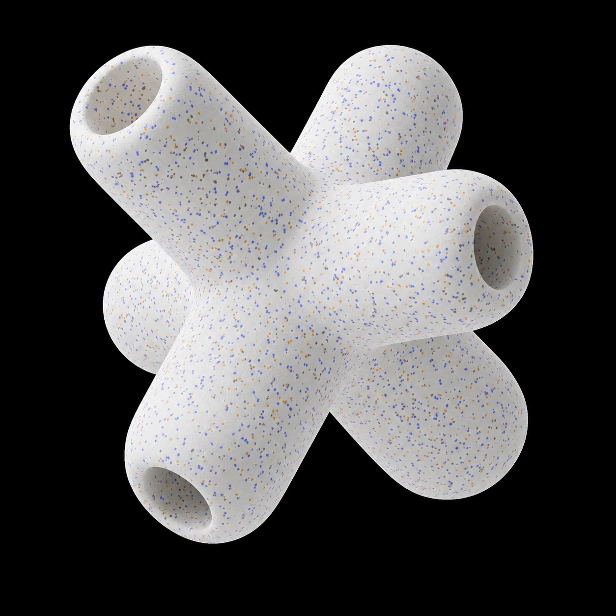 A 3D-rendered abstract sculpture of intersecting hollow tubes with a speckled ceramic finish, floating on a pure black background.