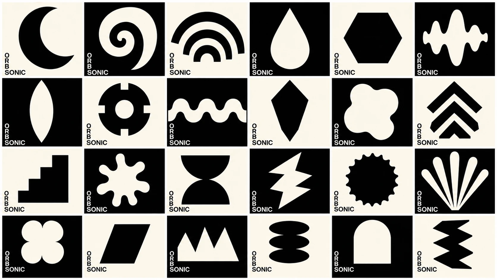 A high-contrast black-and-white grid of abstract geometric glyphs, each tile labeled with a small wordmark in the corner.