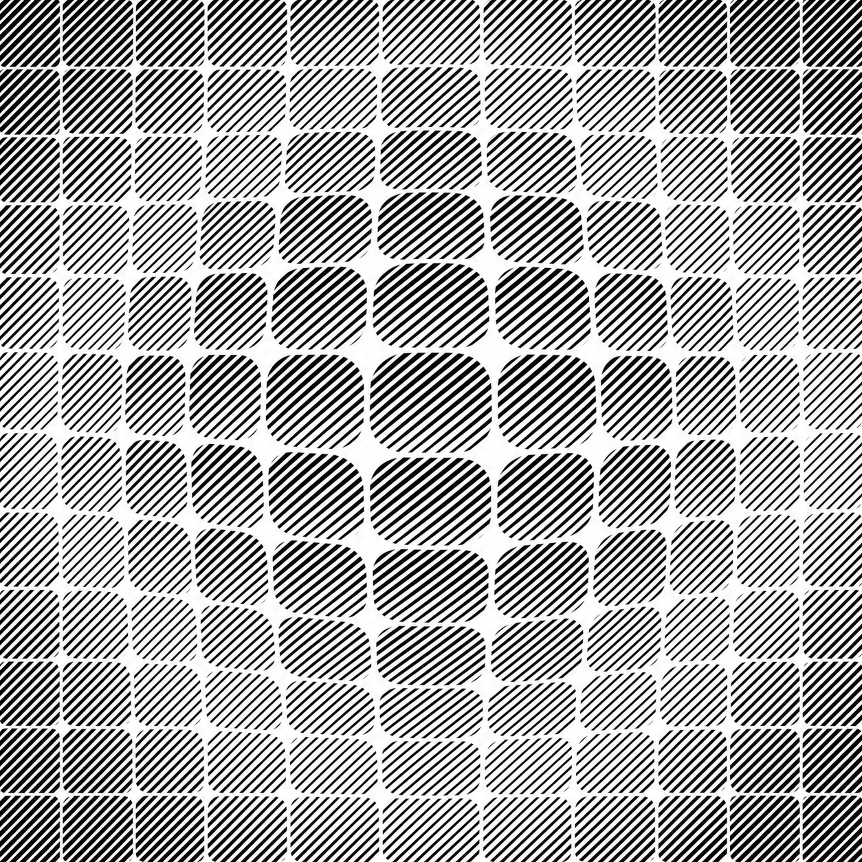 A monochrome optical-art grid of rounded squares filled with diagonal hatching that bulge outward to create a central 3D dome illusion.