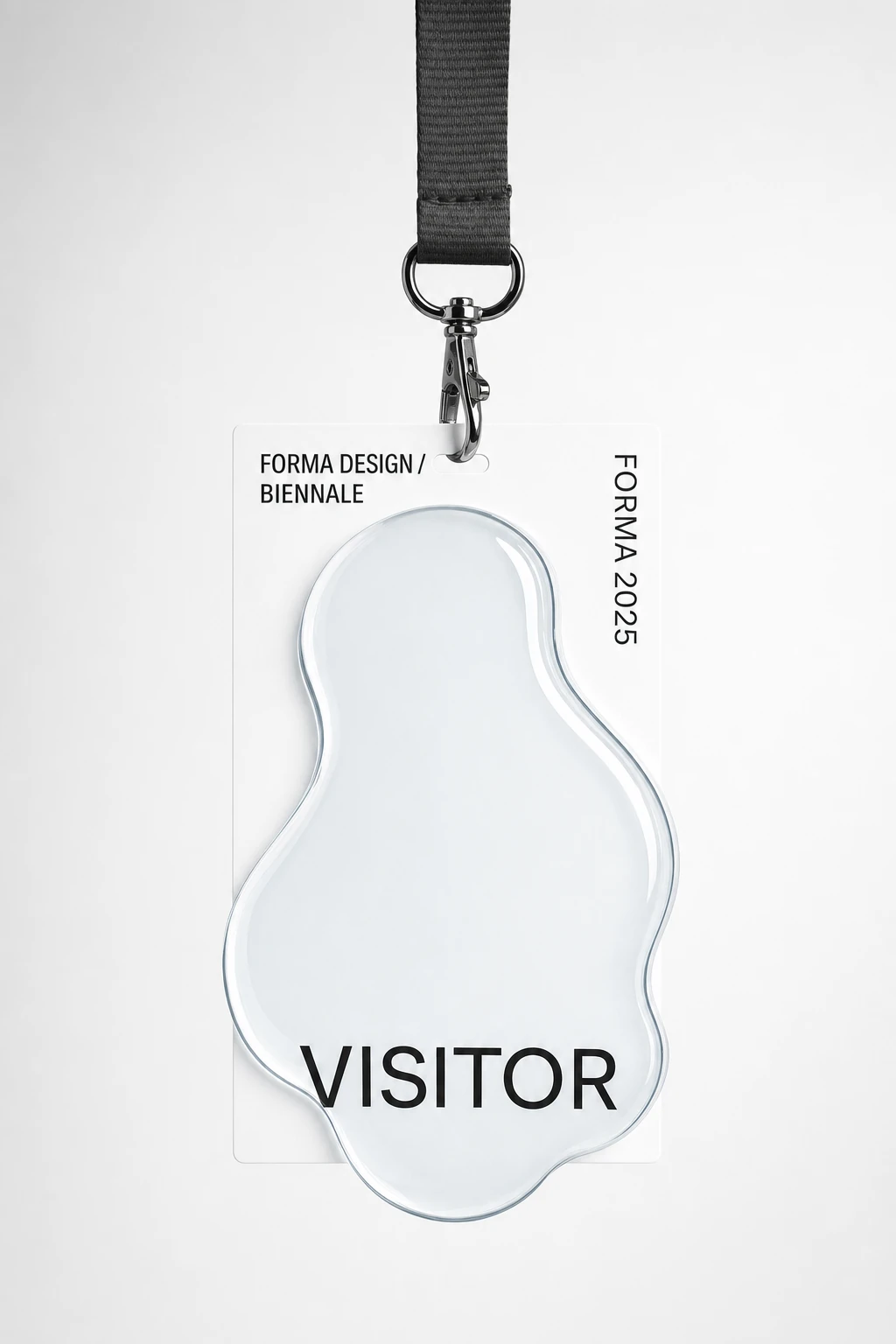 A minimalist event lanyard badge featuring a white card with a glossy organic blob overlay and clean typographic labels, hanging from a black strap.