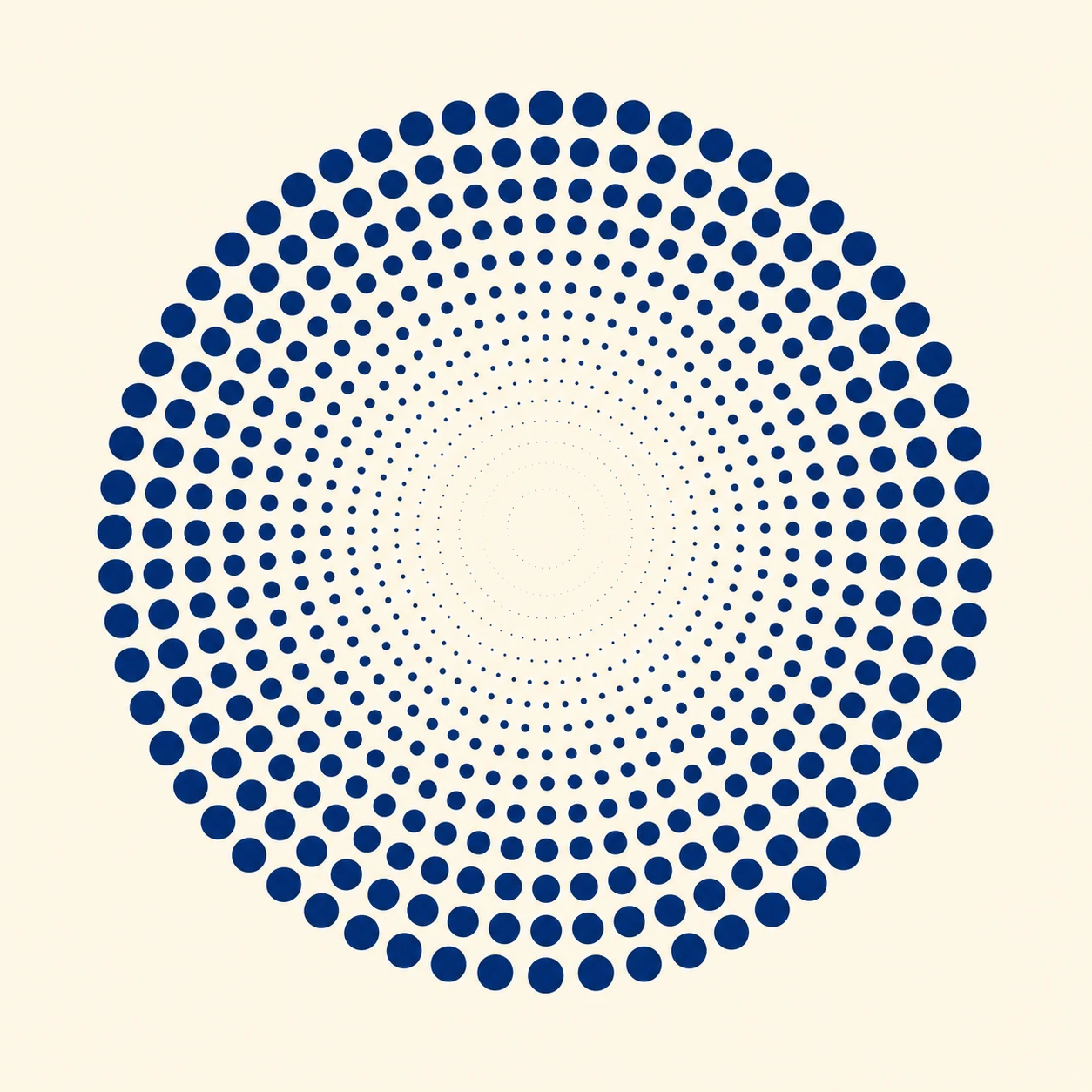 A circular halftone-style dot mandala in deep blue on a cream background, with dots scaling from tiny at the center to large at the edges.