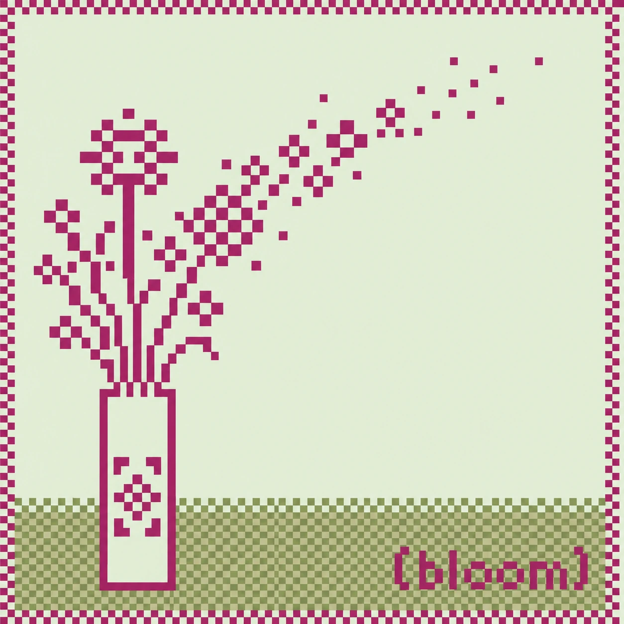 A pixel-art still life of a flower bouquet in a tall vase, with petals dissolving into a trail of scattering squares against a soft mint background.
