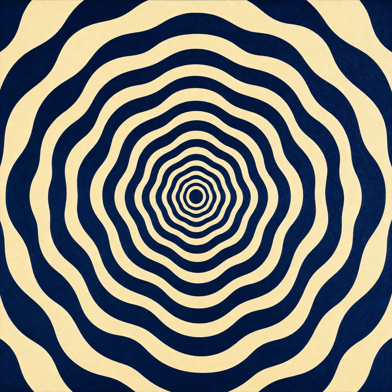 A hypnotic concentric op-art pattern of wavy rings radiating from a central point in deep navy and cream.